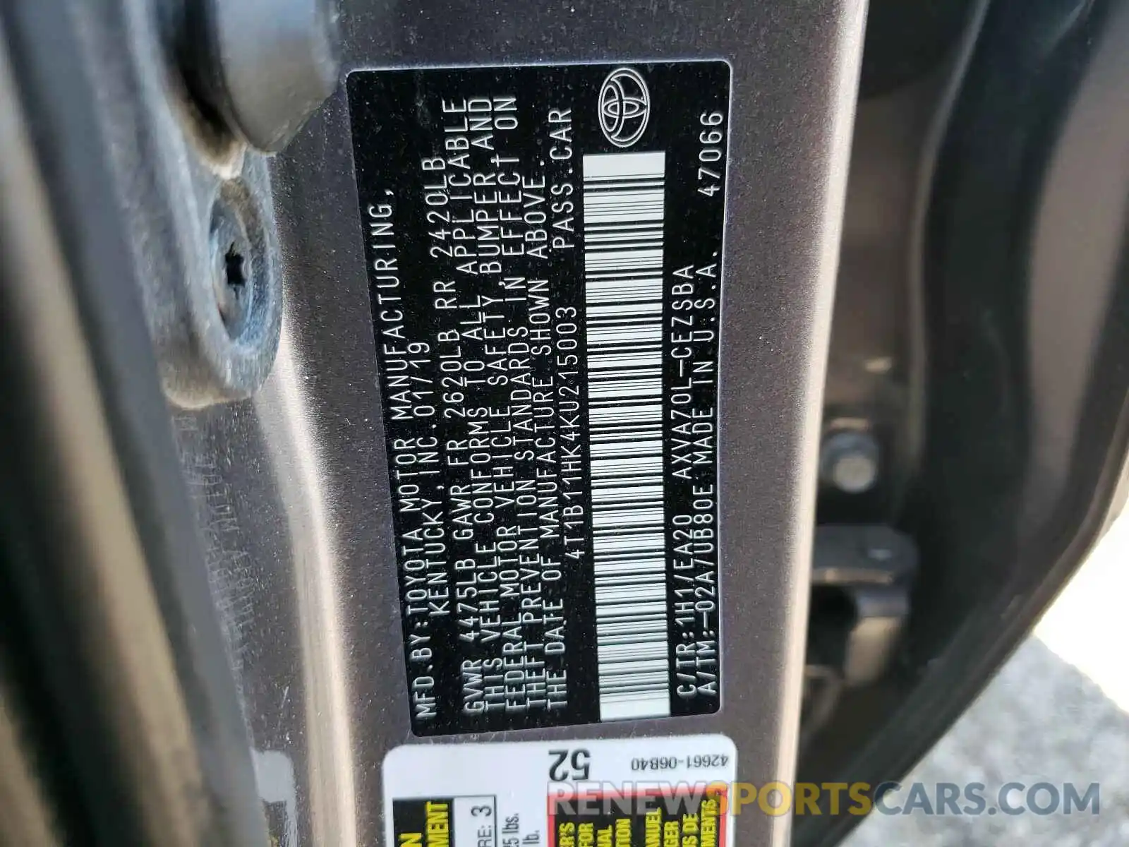 10 Photograph of a damaged car 4T1B11HK4KU215003 TOYOTA CAMRY 2019