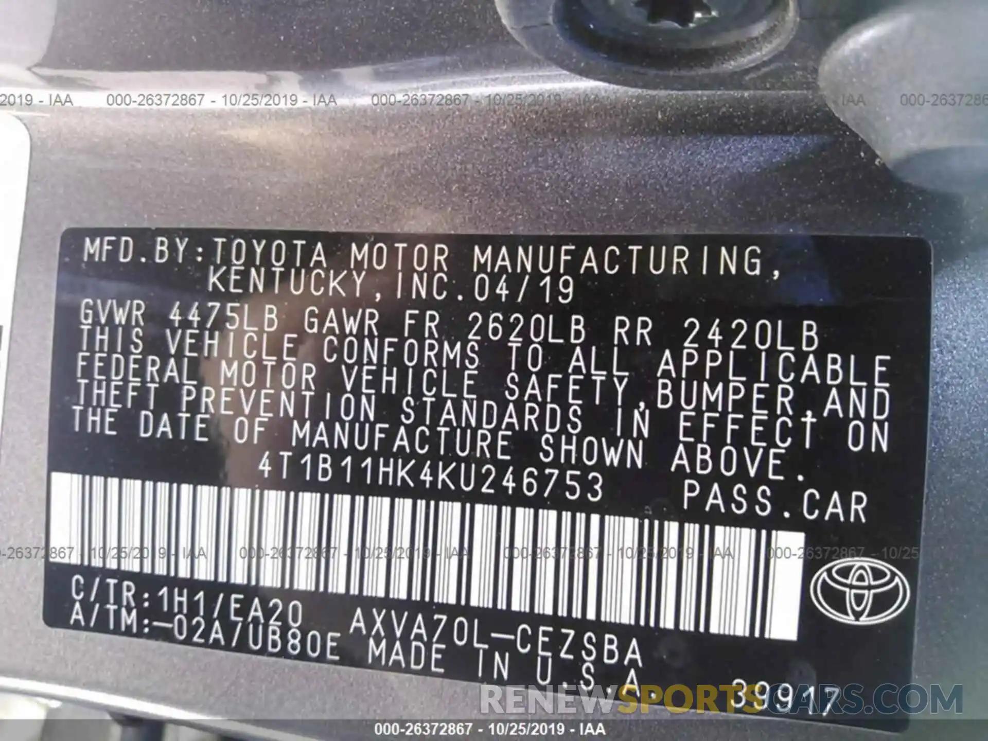 9 Фотография поврежденного автомобиля 4T1B11HK4KU246753 TOYOTA CAMRY 2019