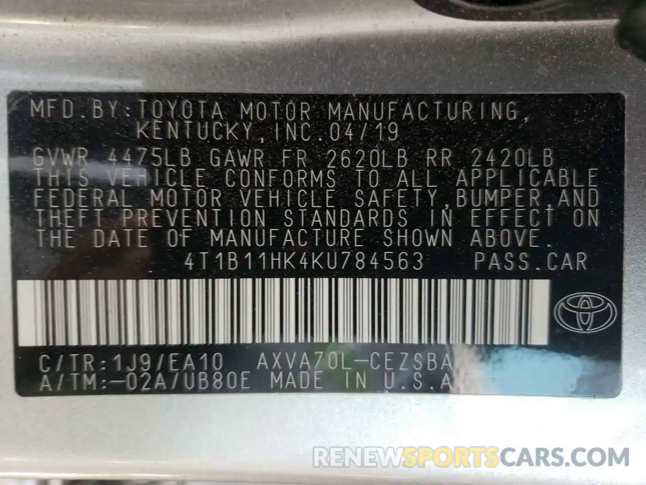 10 Photograph of a damaged car 4T1B11HK4KU784563 TOYOTA CAMRY 2019