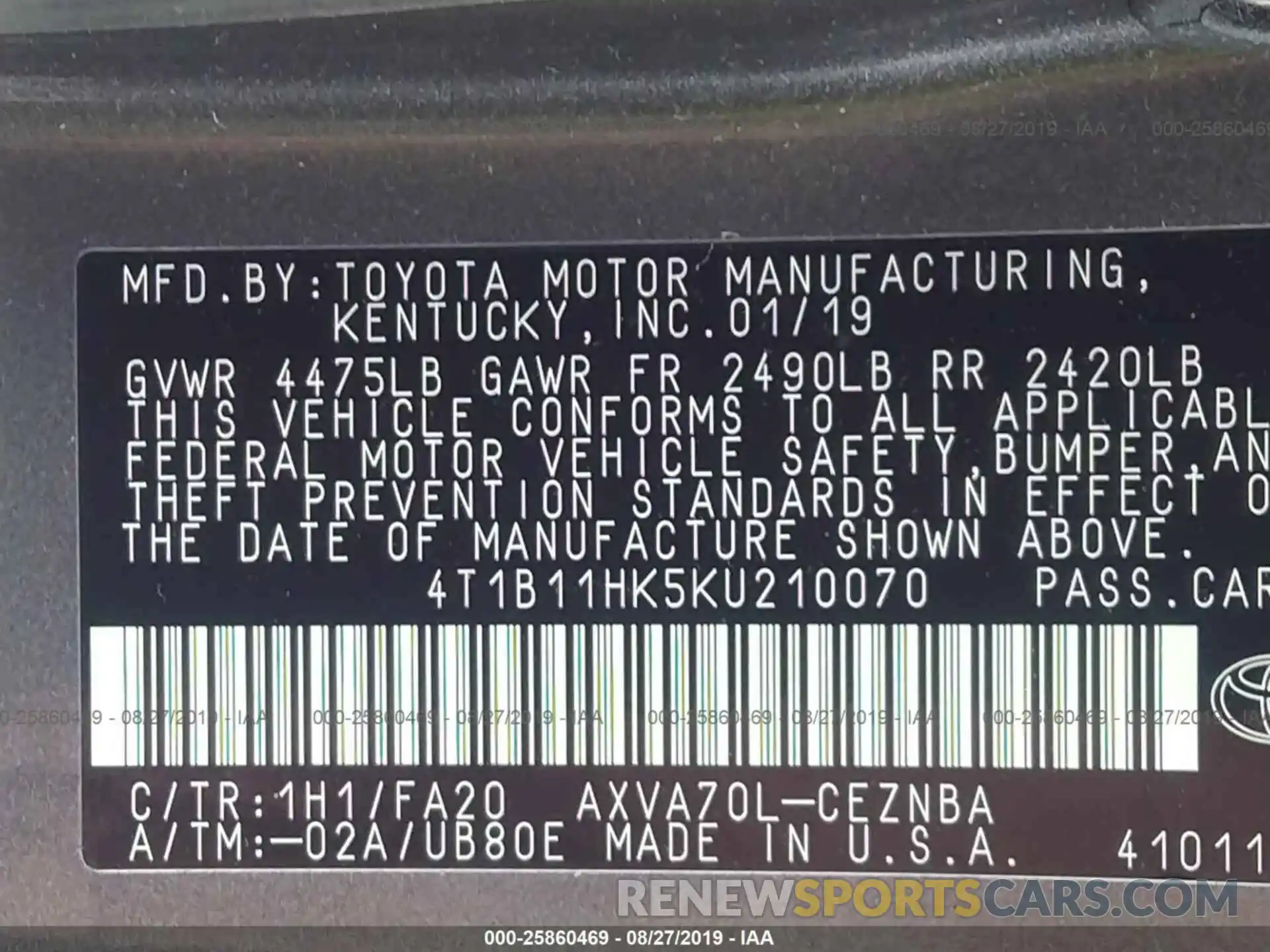 9 Photograph of a damaged car 4T1B11HK5KU210070 TOYOTA CAMRY 2019