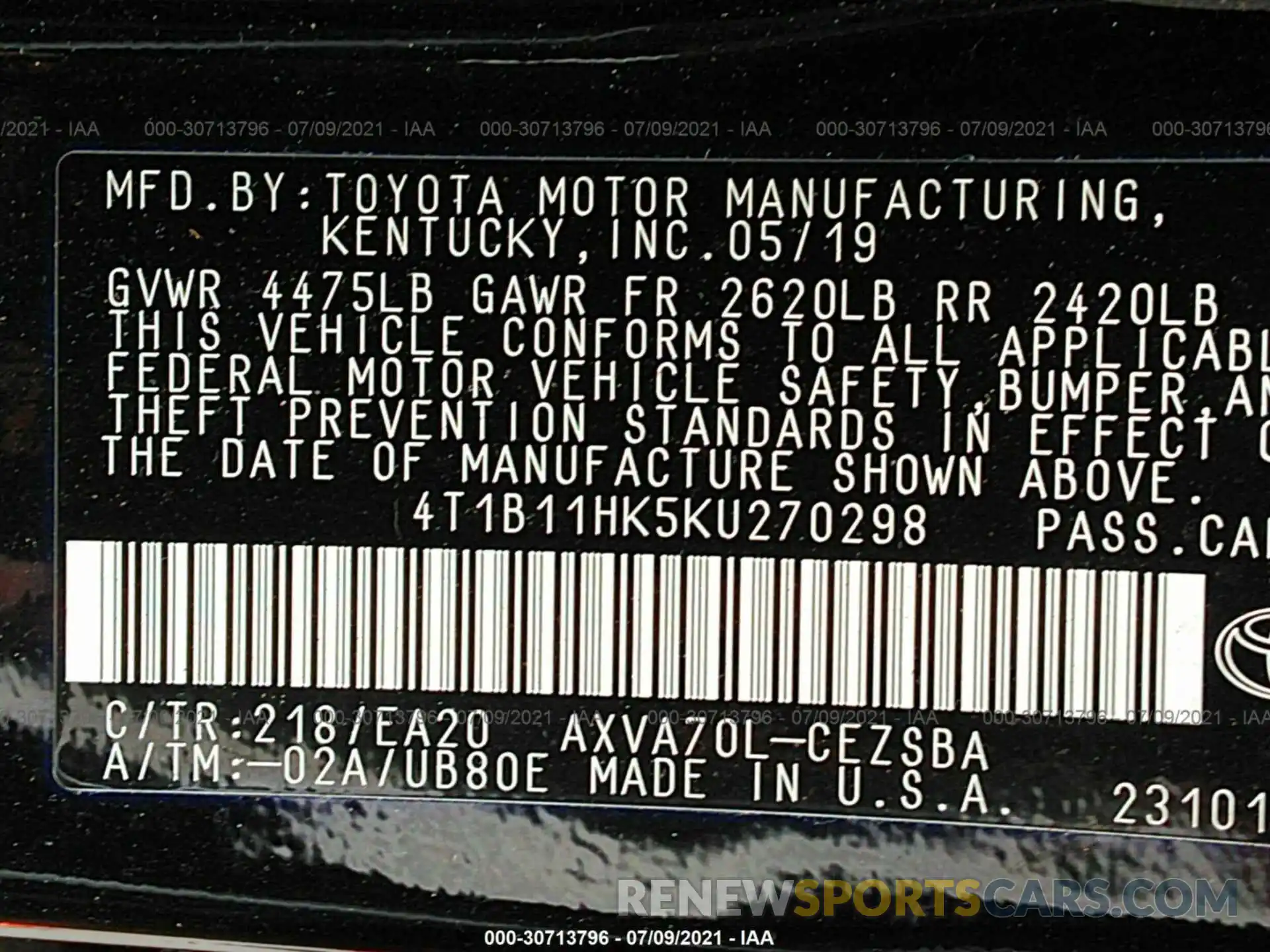 9 Фотография поврежденного автомобиля 4T1B11HK5KU270298 TOYOTA CAMRY 2019