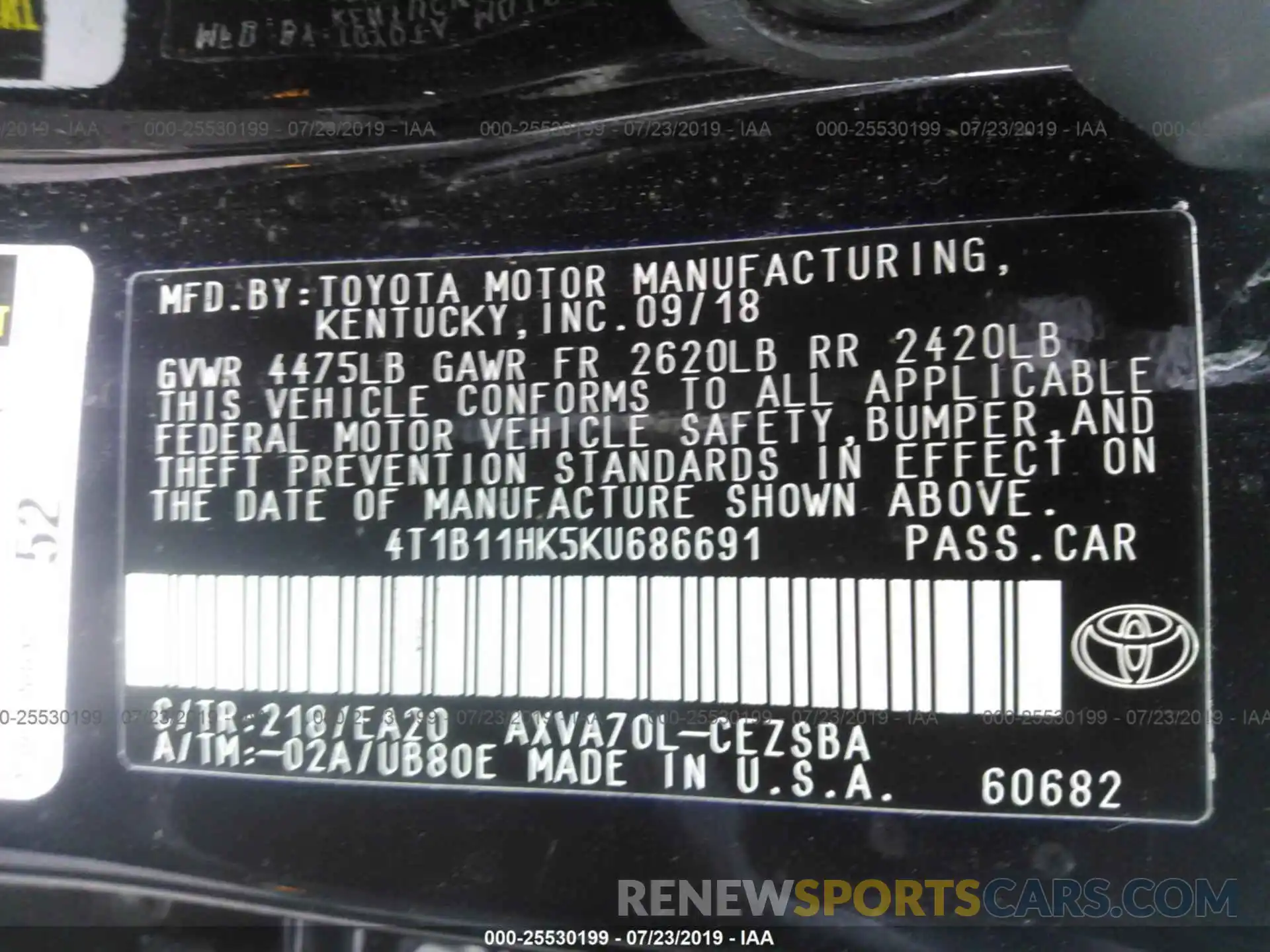 9 Фотография поврежденного автомобиля 4T1B11HK5KU686691 TOYOTA CAMRY 2019