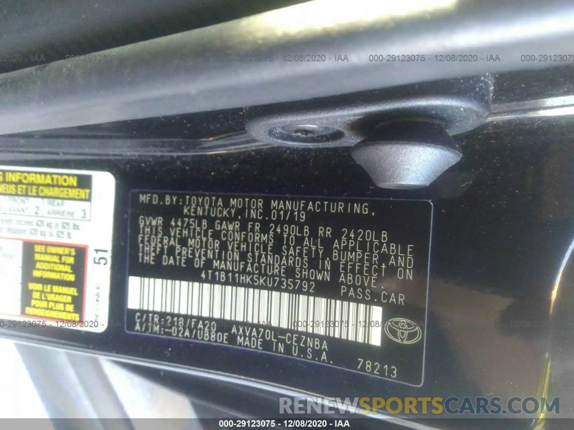 9 Photograph of a damaged car 4T1B11HK5KU735792 TOYOTA CAMRY 2019