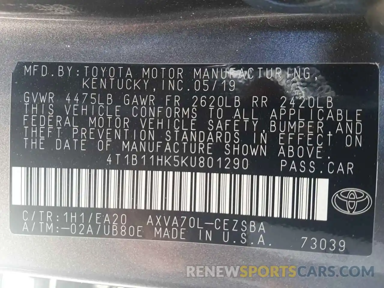 10 Photograph of a damaged car 4T1B11HK5KU801290 TOYOTA CAMRY 2019