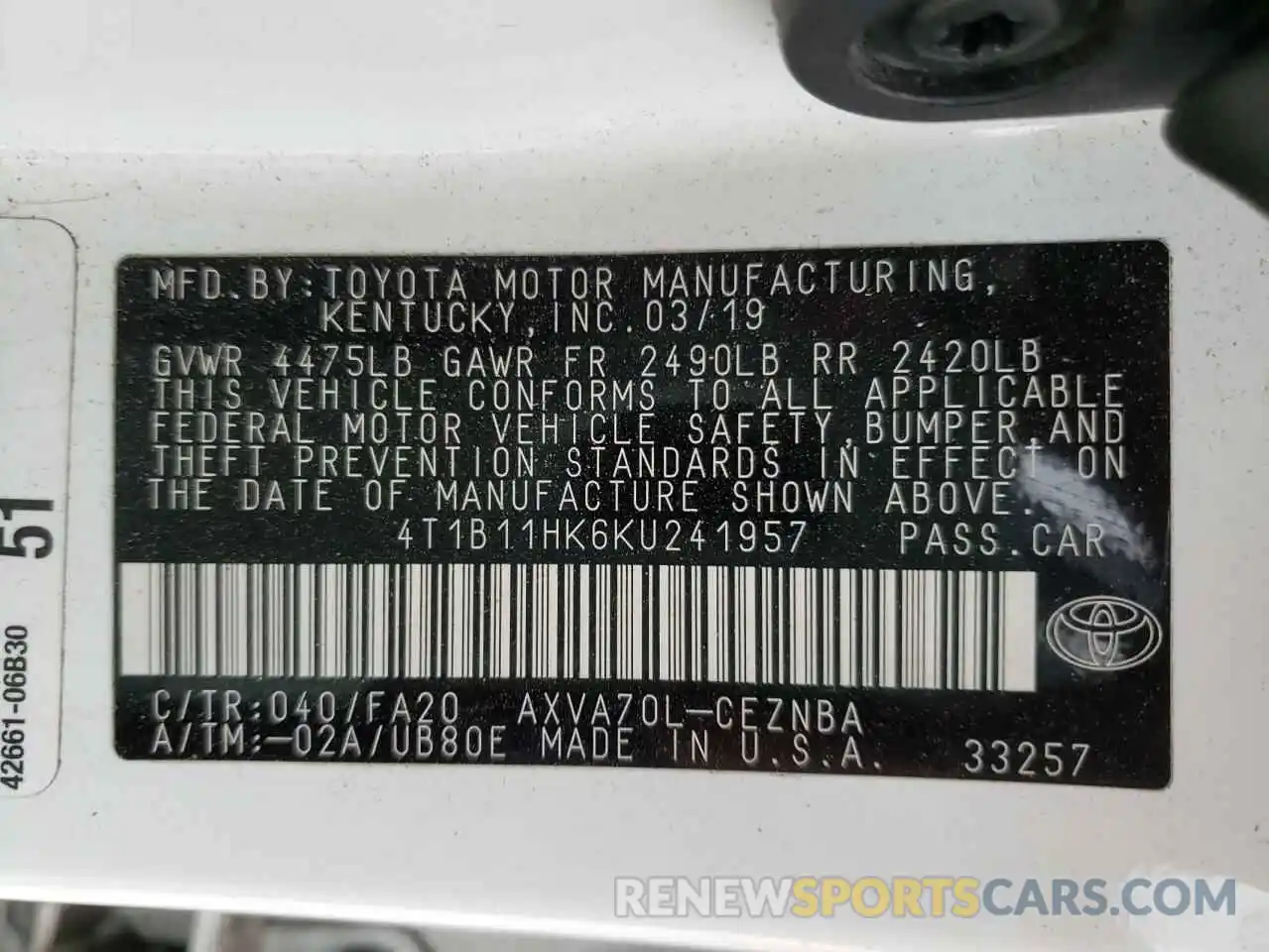 10 Photograph of a damaged car 4T1B11HK6KU241957 TOYOTA CAMRY 2019