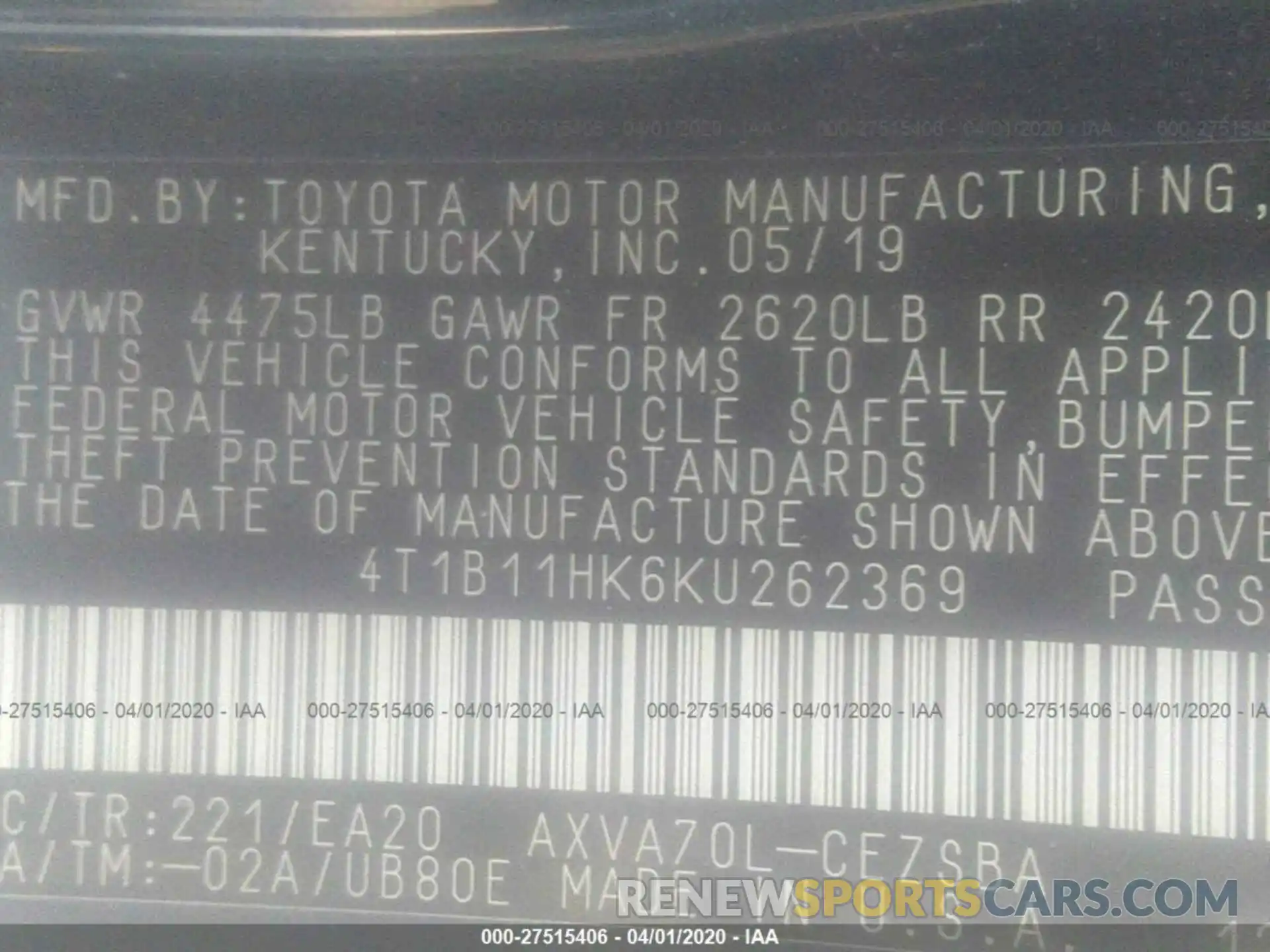 9 Photograph of a damaged car 4T1B11HK6KU262369 TOYOTA CAMRY 2019