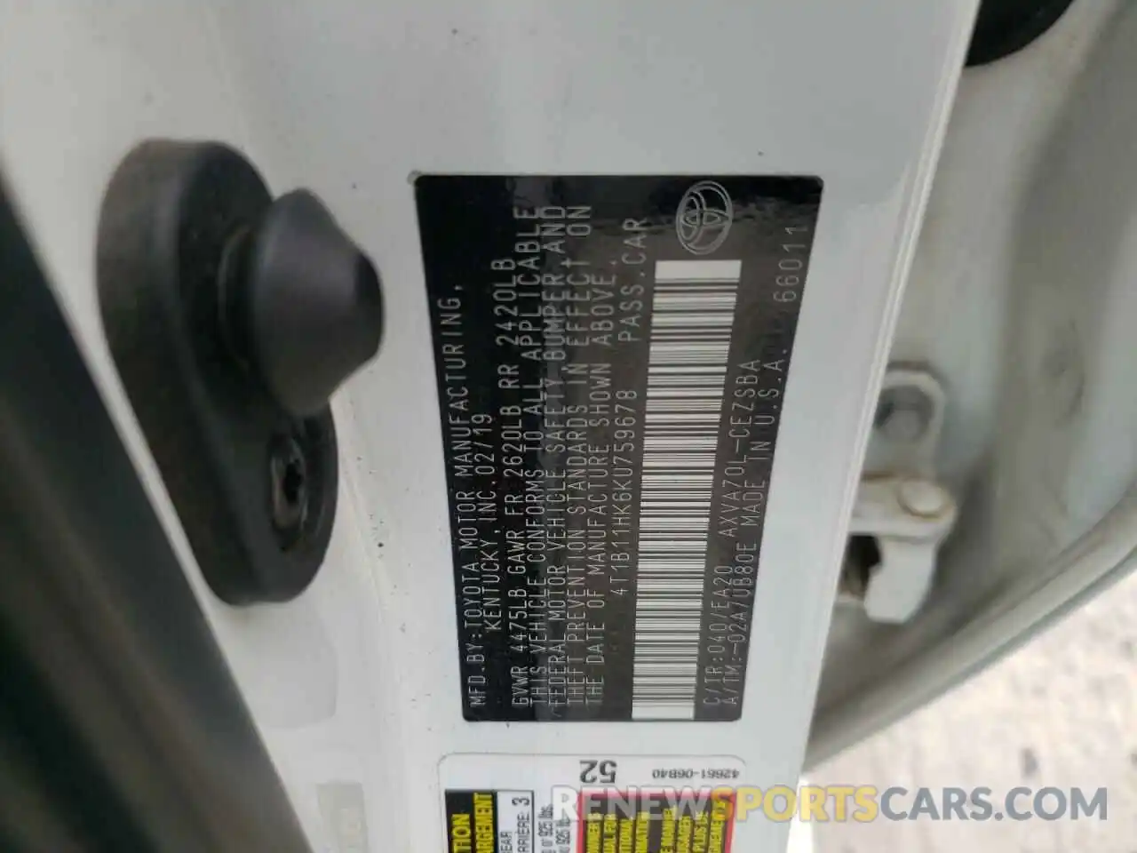 10 Photograph of a damaged car 4T1B11HK6KU759678 TOYOTA CAMRY 2019