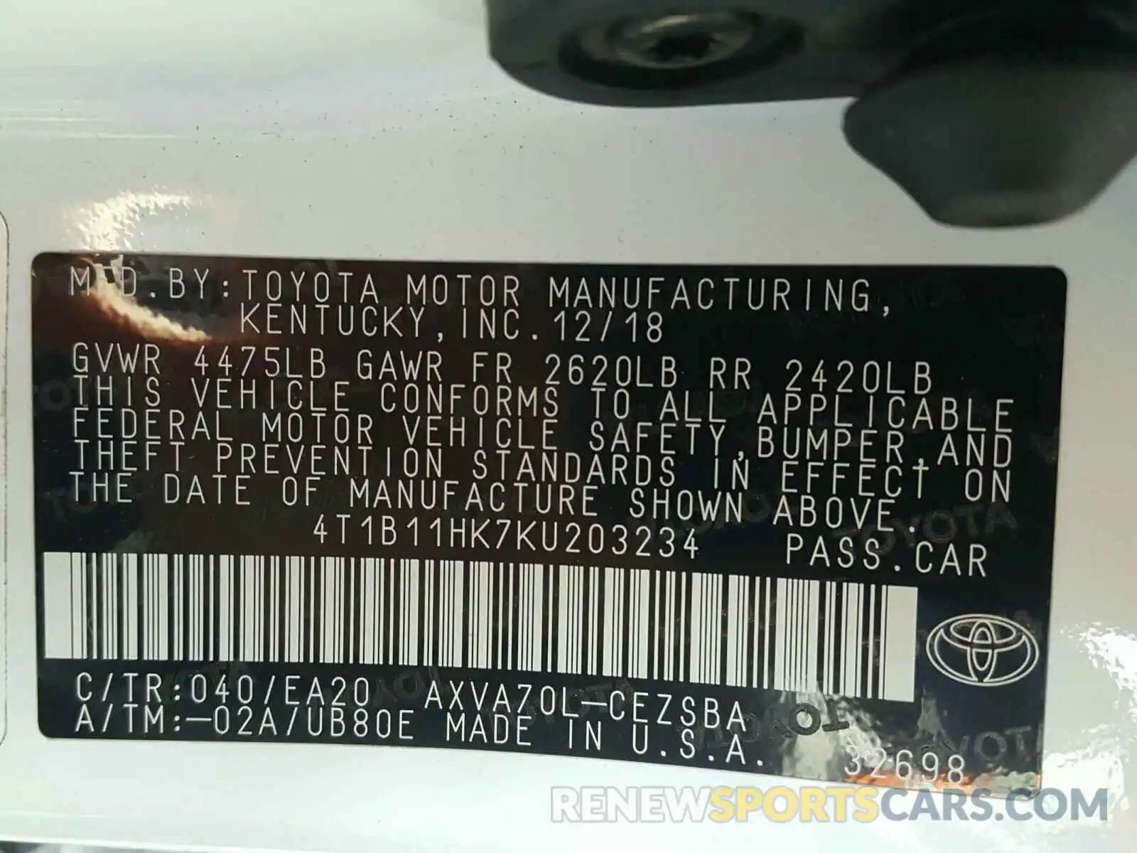 10 Photograph of a damaged car 4T1B11HK7KU203234 TOYOTA CAMRY 2019