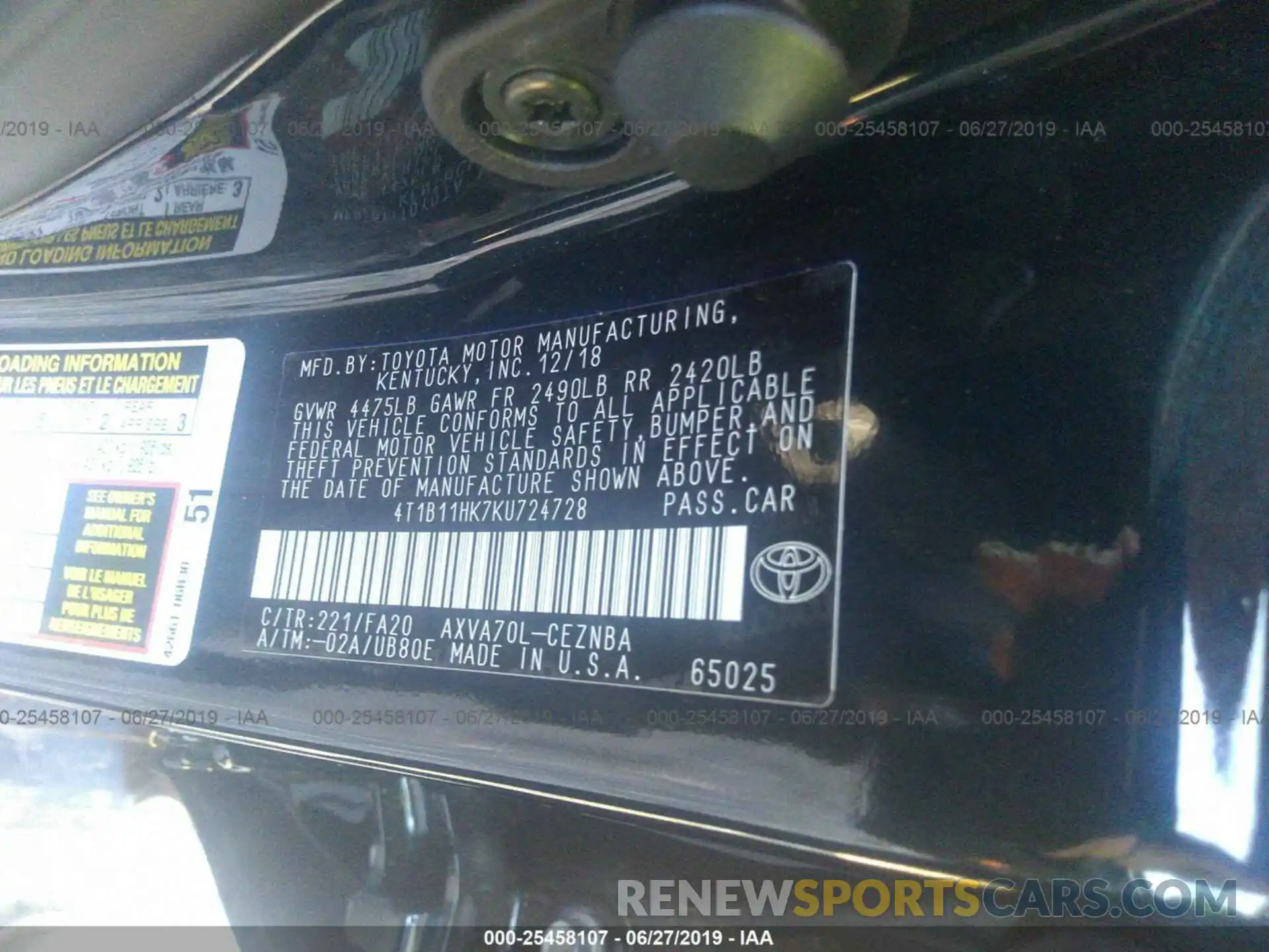 9 Photograph of a damaged car 4T1B11HK7KU724728 TOYOTA CAMRY 2019