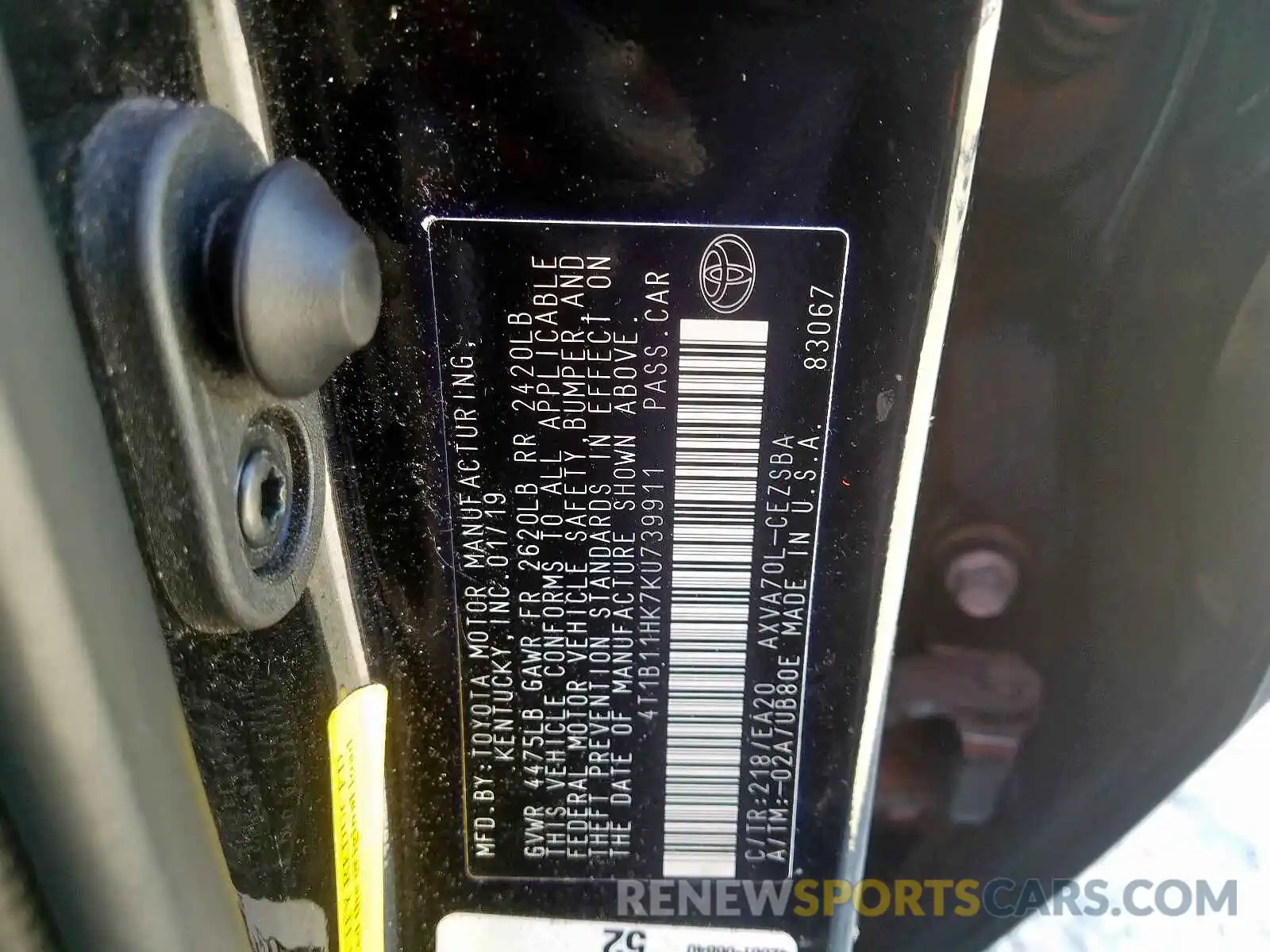 10 Photograph of a damaged car 4T1B11HK7KU739911 TOYOTA CAMRY 2019