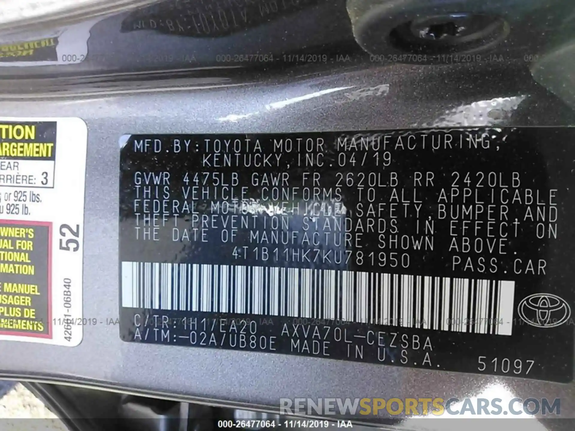 9 Photograph of a damaged car 4T1B11HK7KU781950 TOYOTA CAMRY 2019