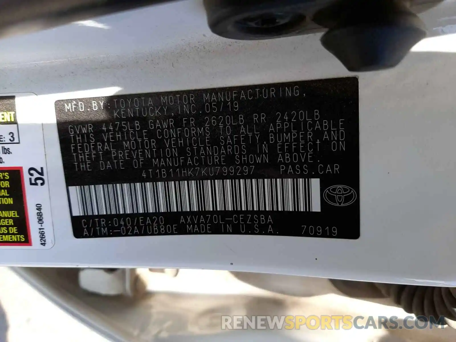 10 Photograph of a damaged car 4T1B11HK7KU799297 TOYOTA CAMRY 2019