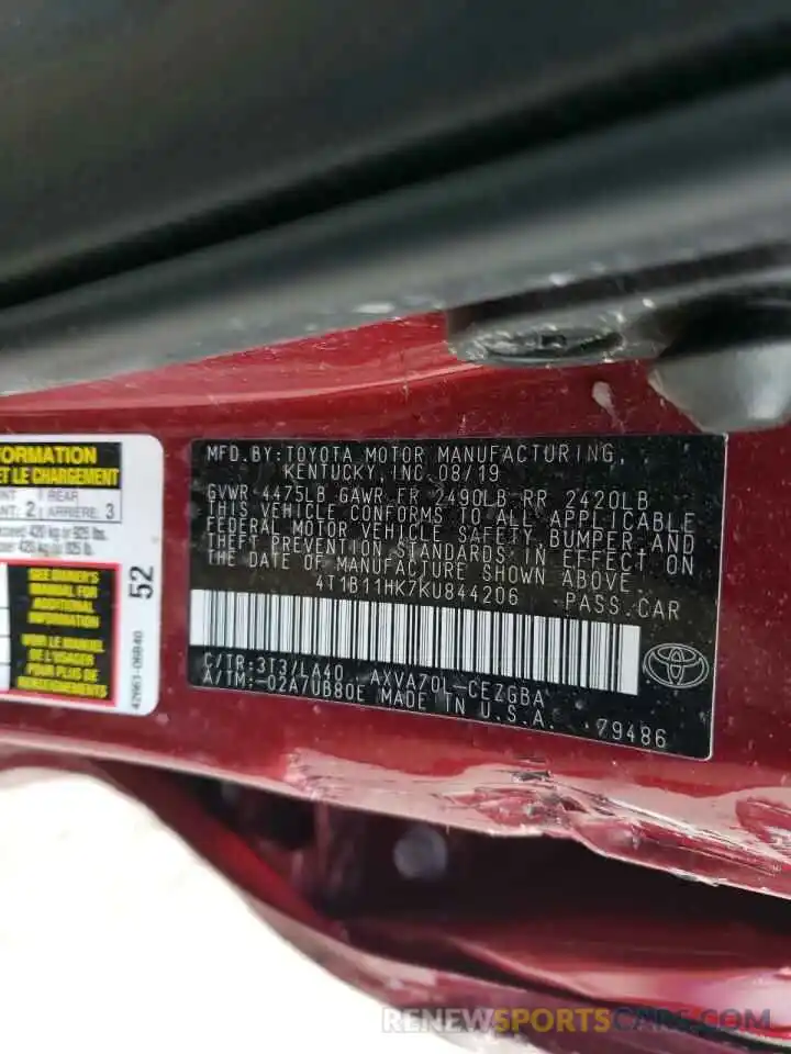 10 Photograph of a damaged car 4T1B11HK7KU844206 TOYOTA CAMRY 2019