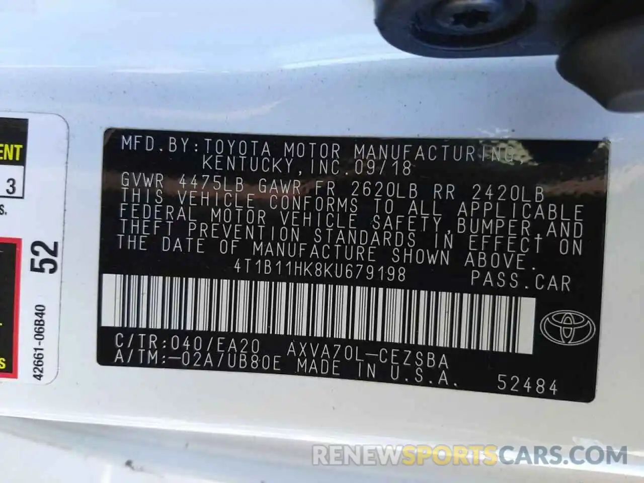 10 Photograph of a damaged car 4T1B11HK8KU679198 TOYOTA CAMRY 2019