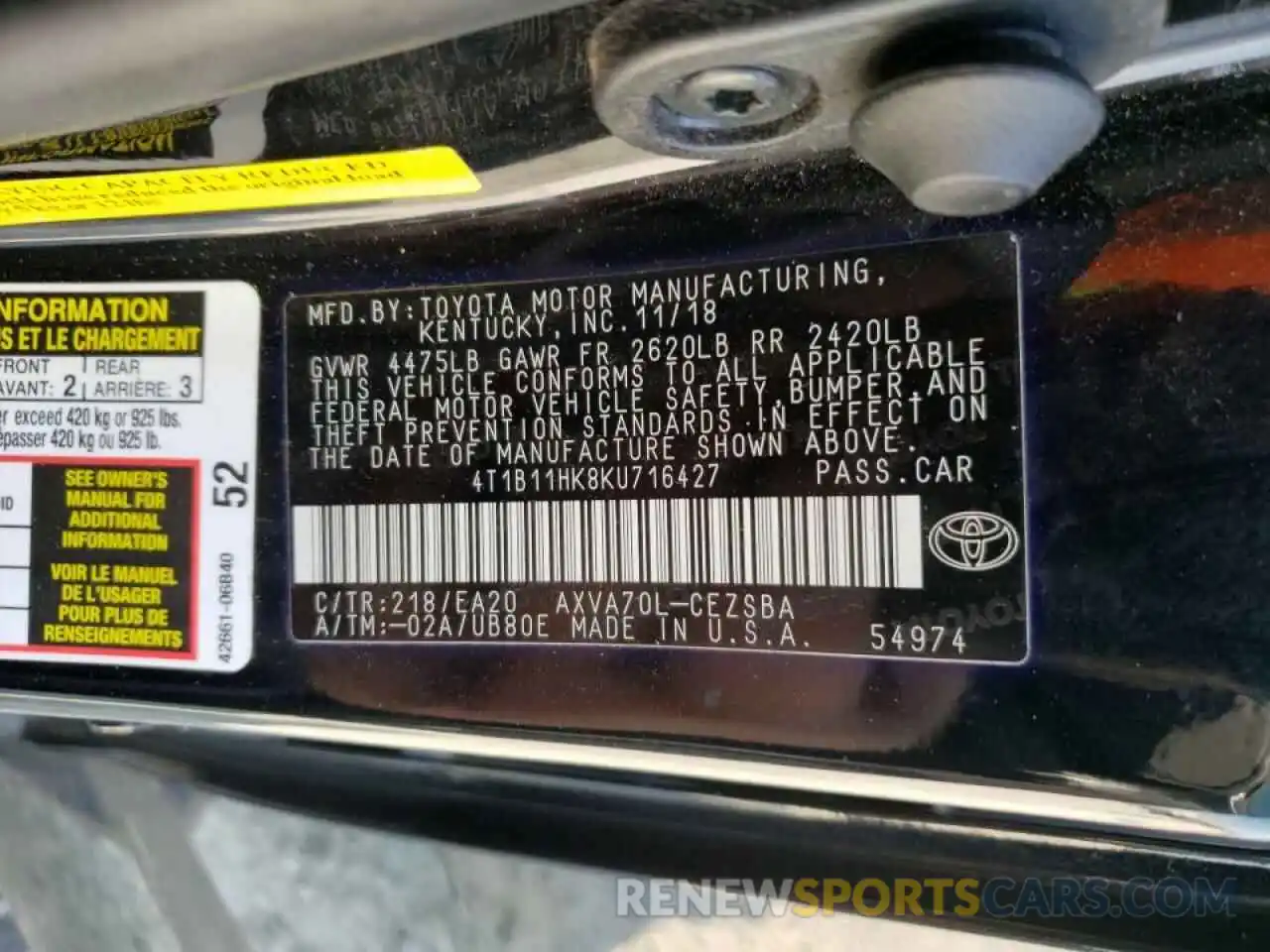 10 Photograph of a damaged car 4T1B11HK8KU716427 TOYOTA CAMRY 2019