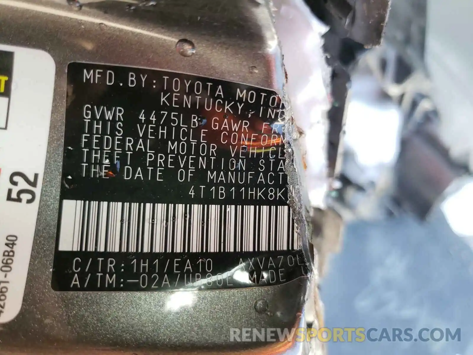 10 Photograph of a damaged car 4T1B11HK8KU784422 TOYOTA CAMRY 2019