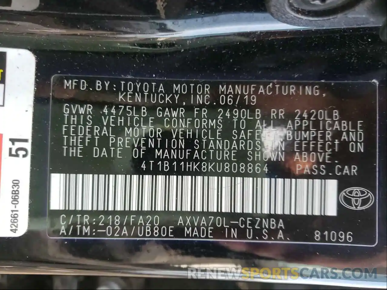 10 Photograph of a damaged car 4T1B11HK8KU808864 TOYOTA CAMRY 2019