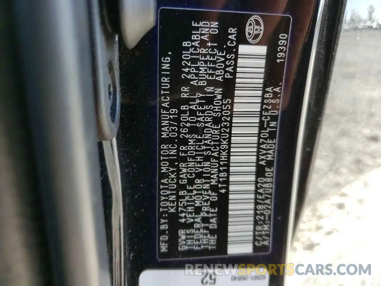 10 Photograph of a damaged car 4T1B11HK9KU232055 TOYOTA CAMRY 2019