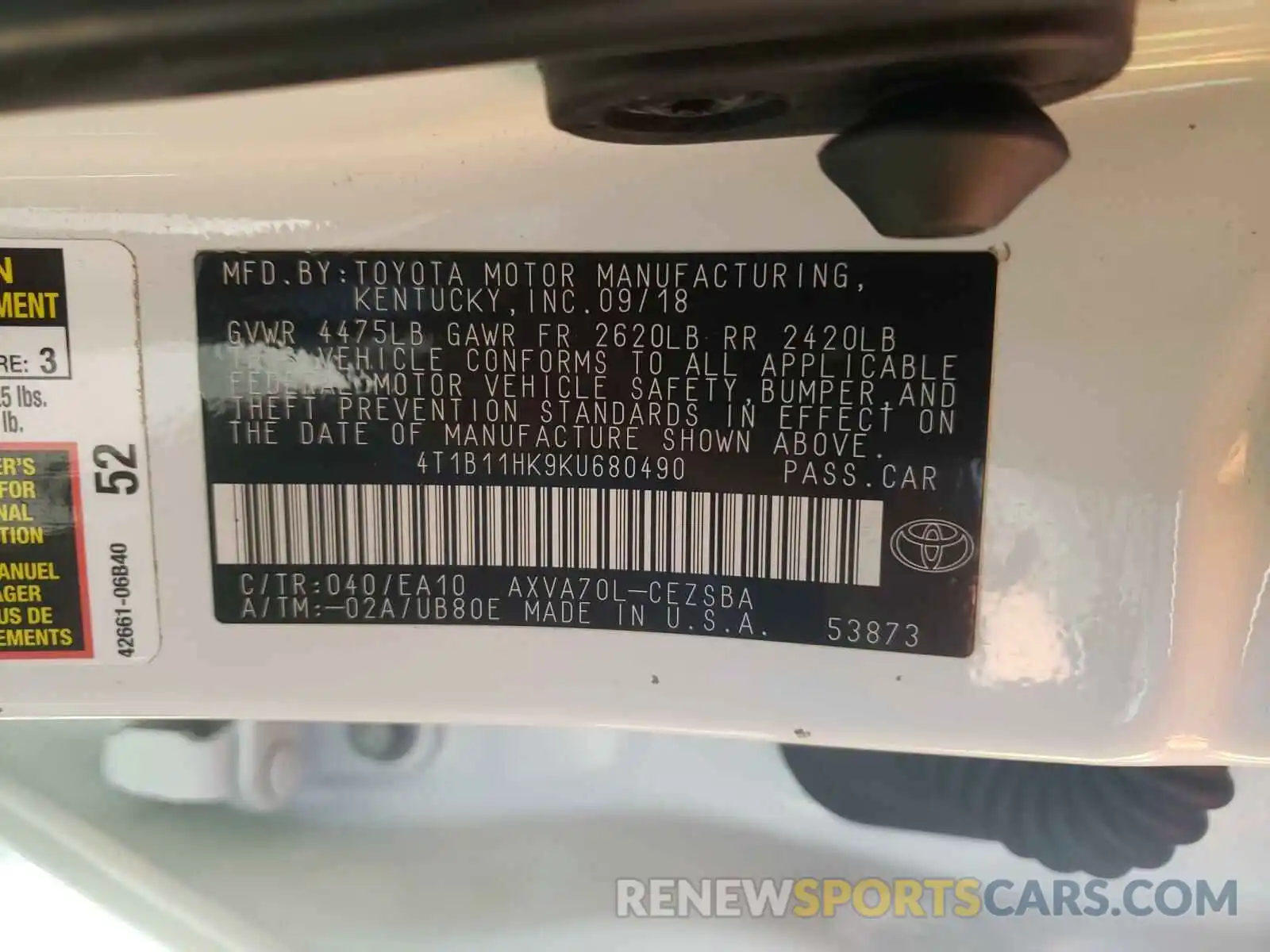 10 Photograph of a damaged car 4T1B11HK9KU680490 TOYOTA CAMRY 2019