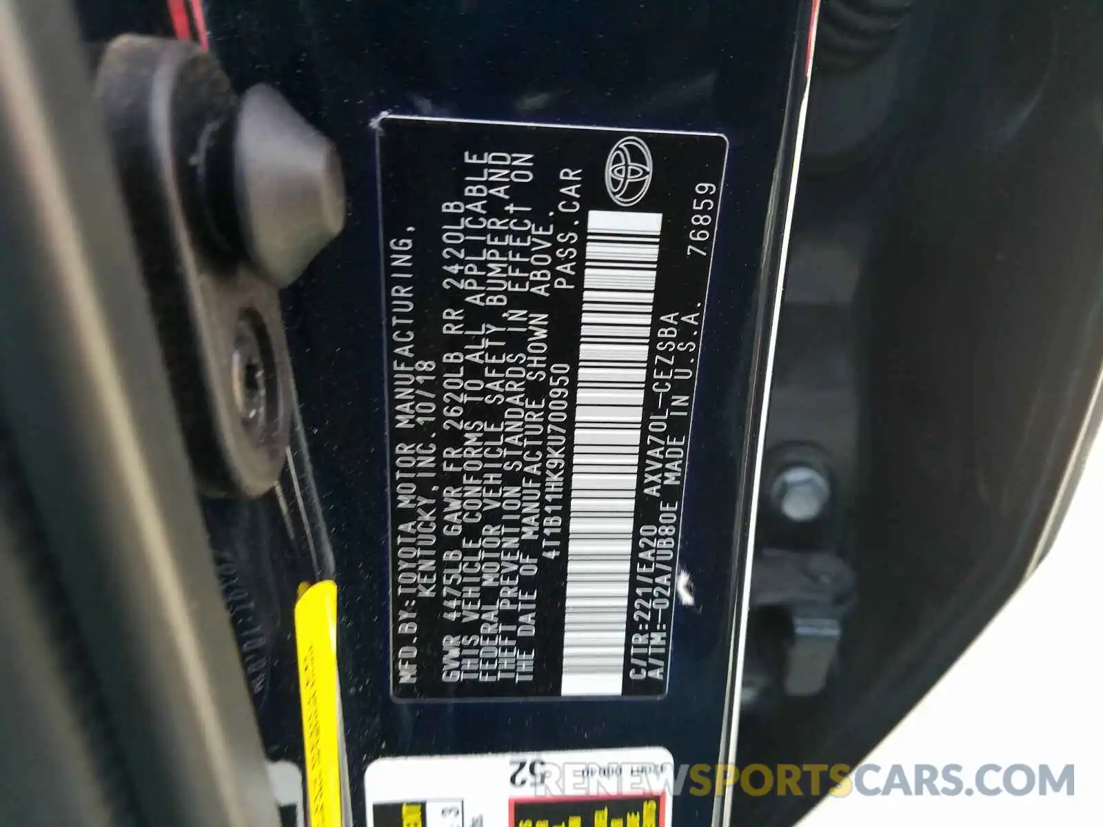 10 Photograph of a damaged car 4T1B11HK9KU700950 TOYOTA CAMRY 2019