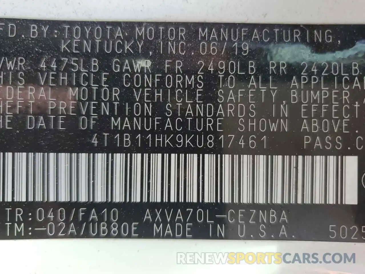 13 Photograph of a damaged car 4T1B11HK9KU817461 TOYOTA CAMRY 2019