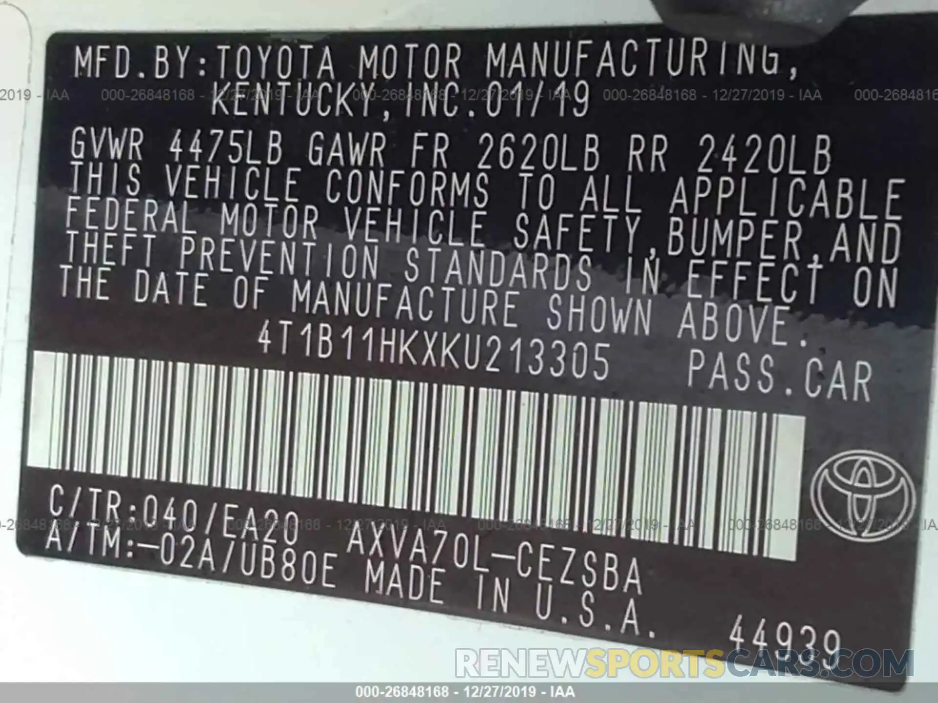 9 Фотография поврежденного автомобиля 4T1B11HKXKU213305 TOYOTA CAMRY 2019