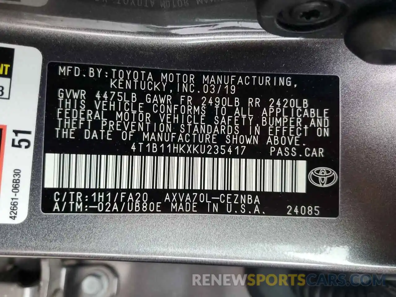 12 Фотография поврежденного автомобиля 4T1B11HKXKU235417 TOYOTA CAMRY 2019