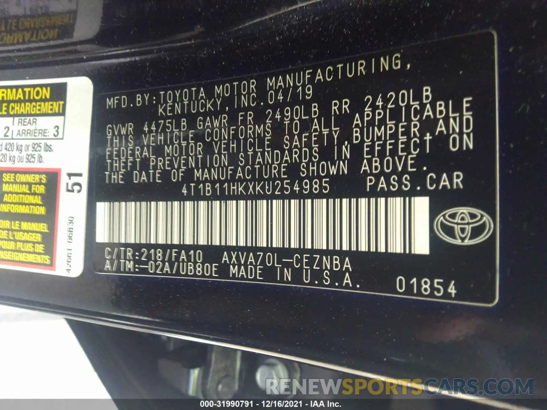 9 Фотография поврежденного автомобиля 4T1B11HKXKU254985 TOYOTA CAMRY 2019