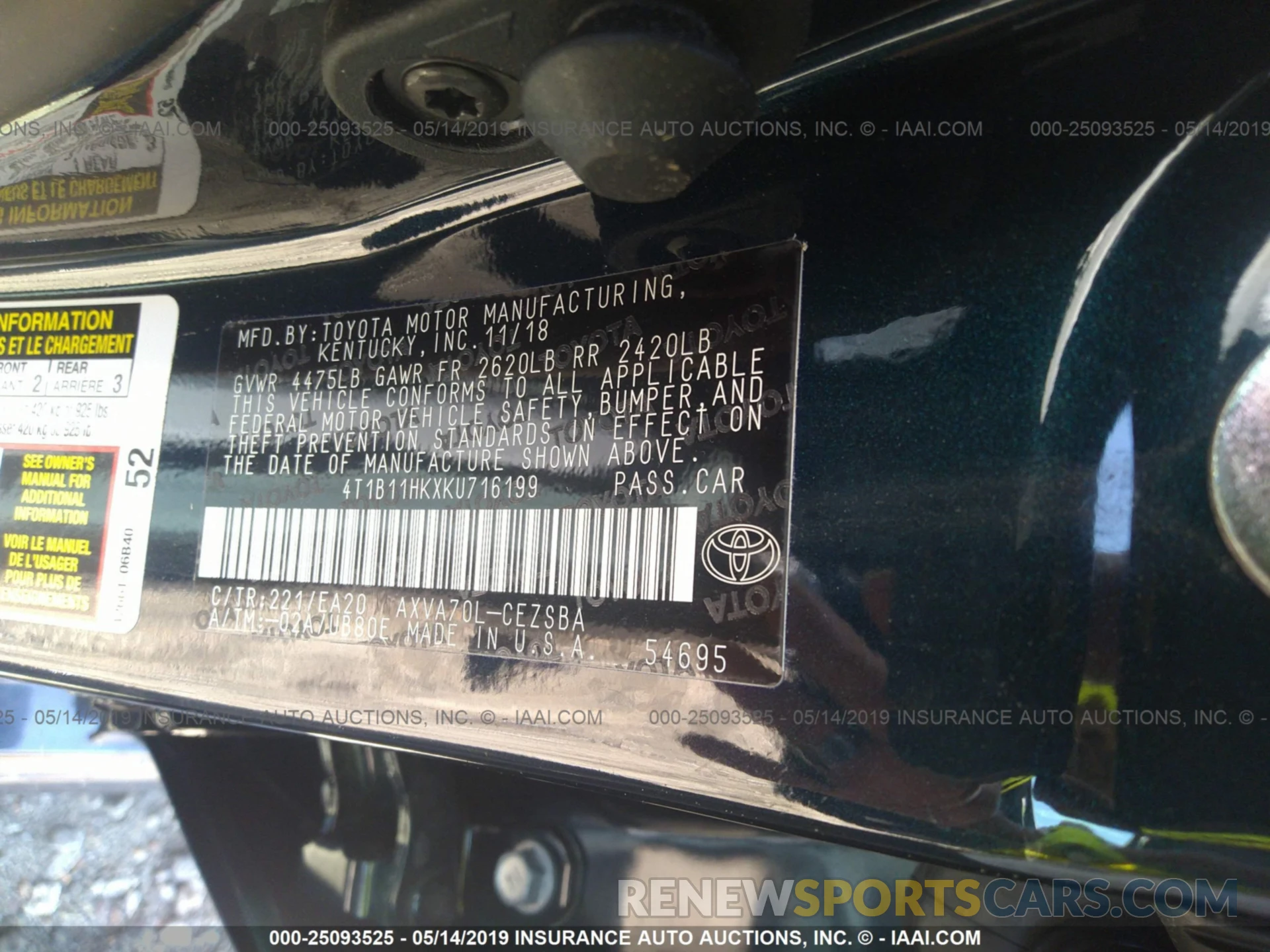 9 Photograph of a damaged car 4T1B11HKXKU716199 TOYOTA CAMRY 2019