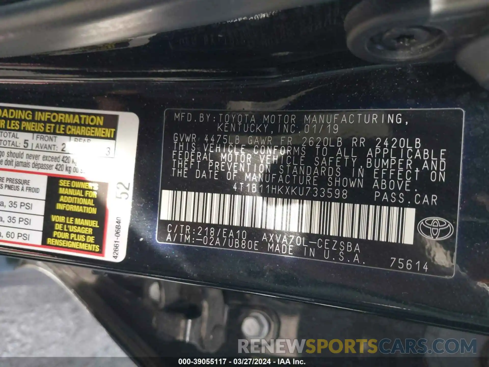 9 Photograph of a damaged car 4T1B11HKXKU733598 TOYOTA CAMRY 2019