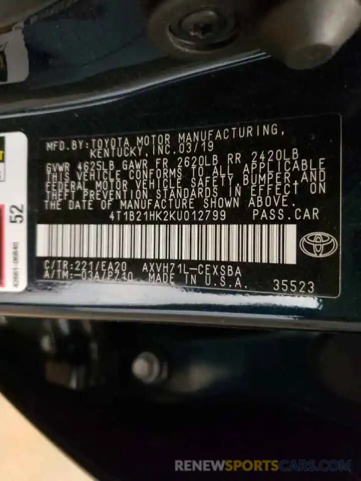 10 Photograph of a damaged car 4T1B21HK2KU012799 TOYOTA CAMRY 2019