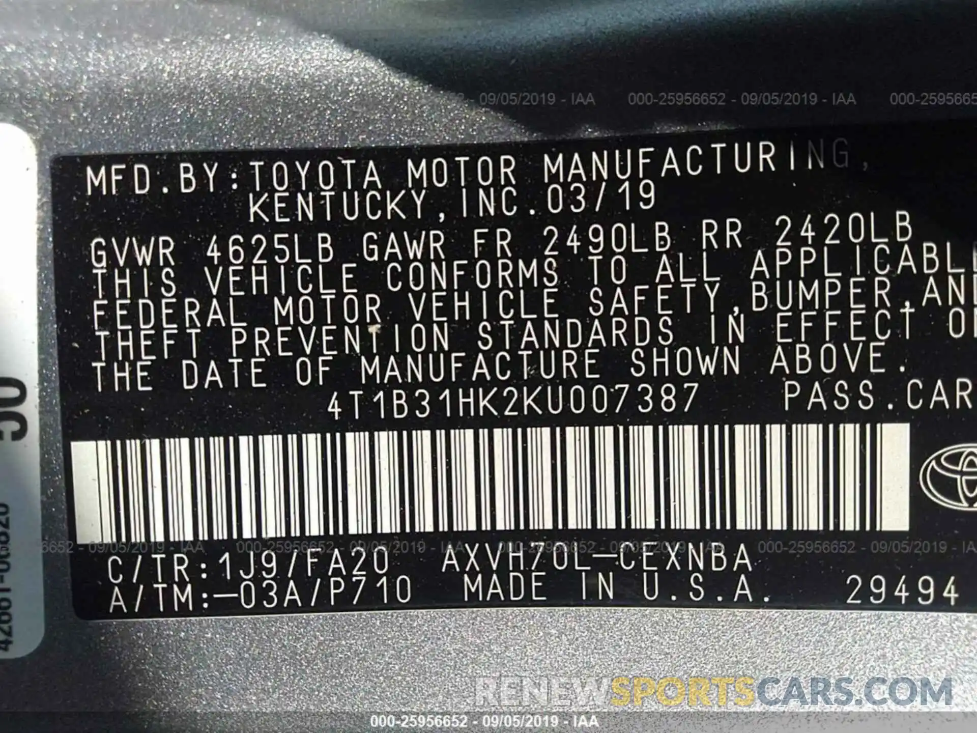 9 Фотография поврежденного автомобиля 4T1B31HK2KU007387 TOYOTA CAMRY 2019