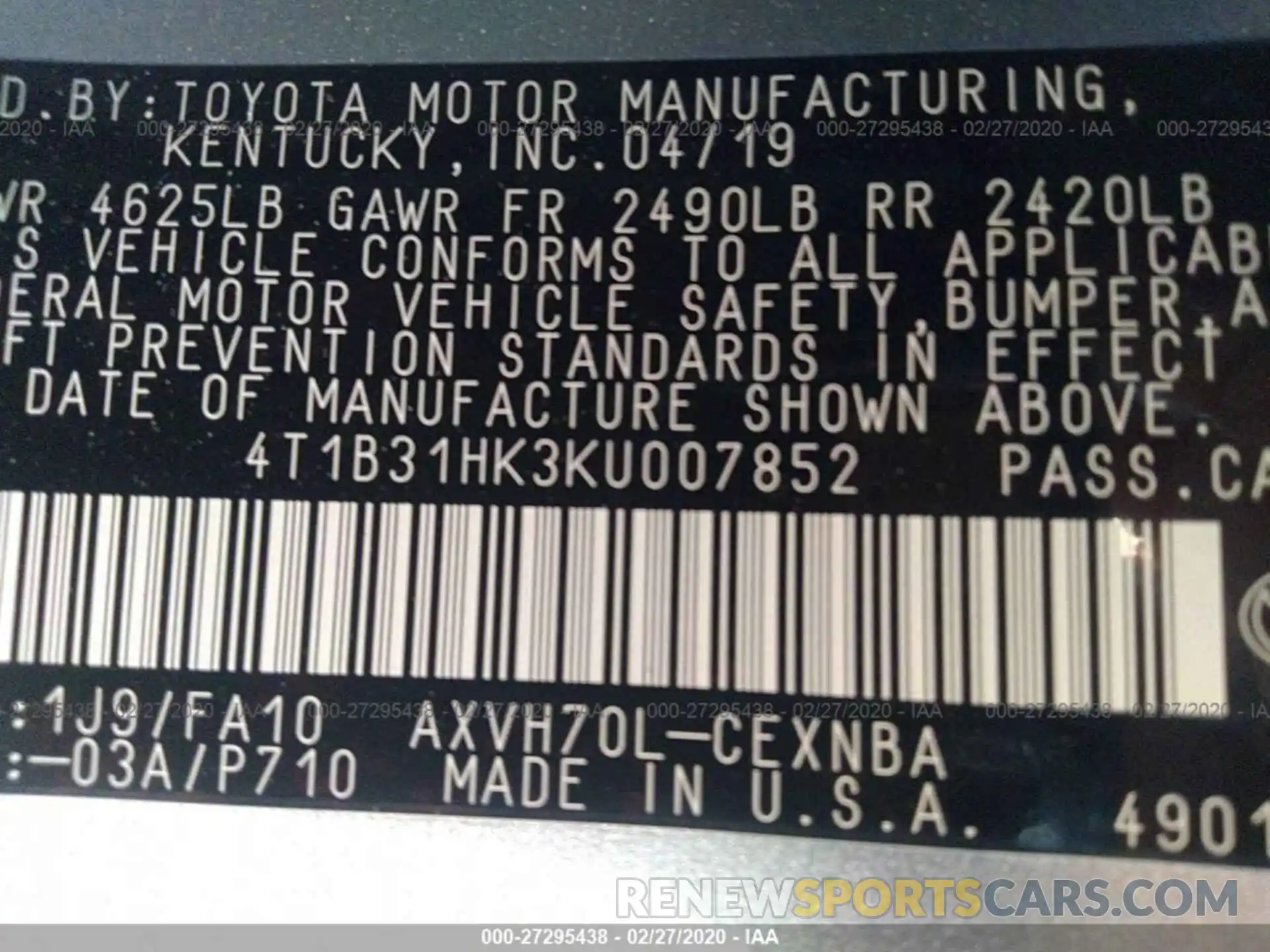 9 Фотография поврежденного автомобиля 4T1B31HK3KU007852 TOYOTA CAMRY 2019