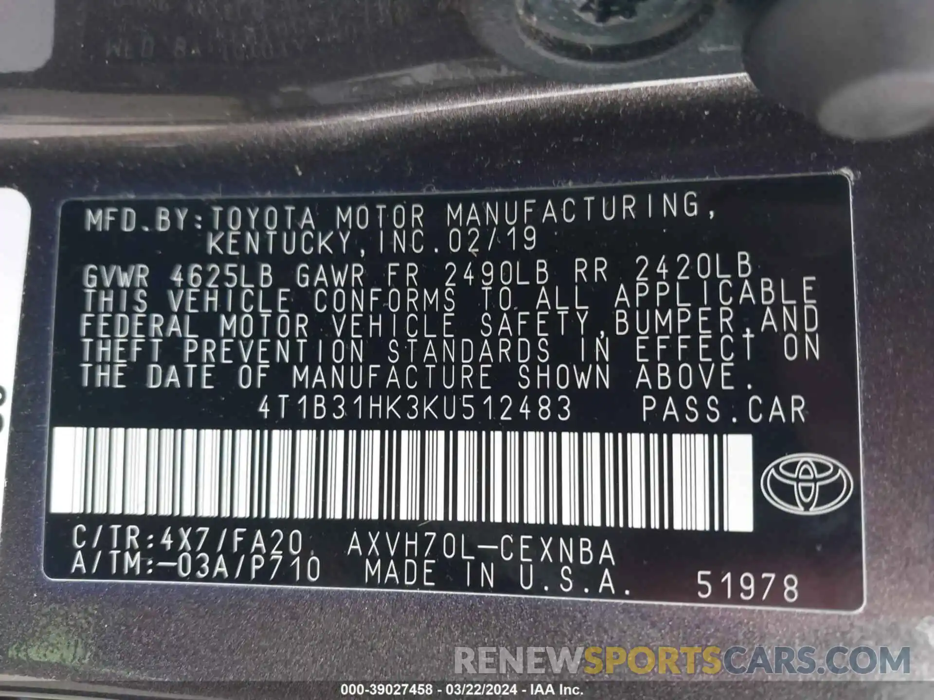 9 Фотография поврежденного автомобиля 4T1B31HK3KU512483 TOYOTA CAMRY 2019