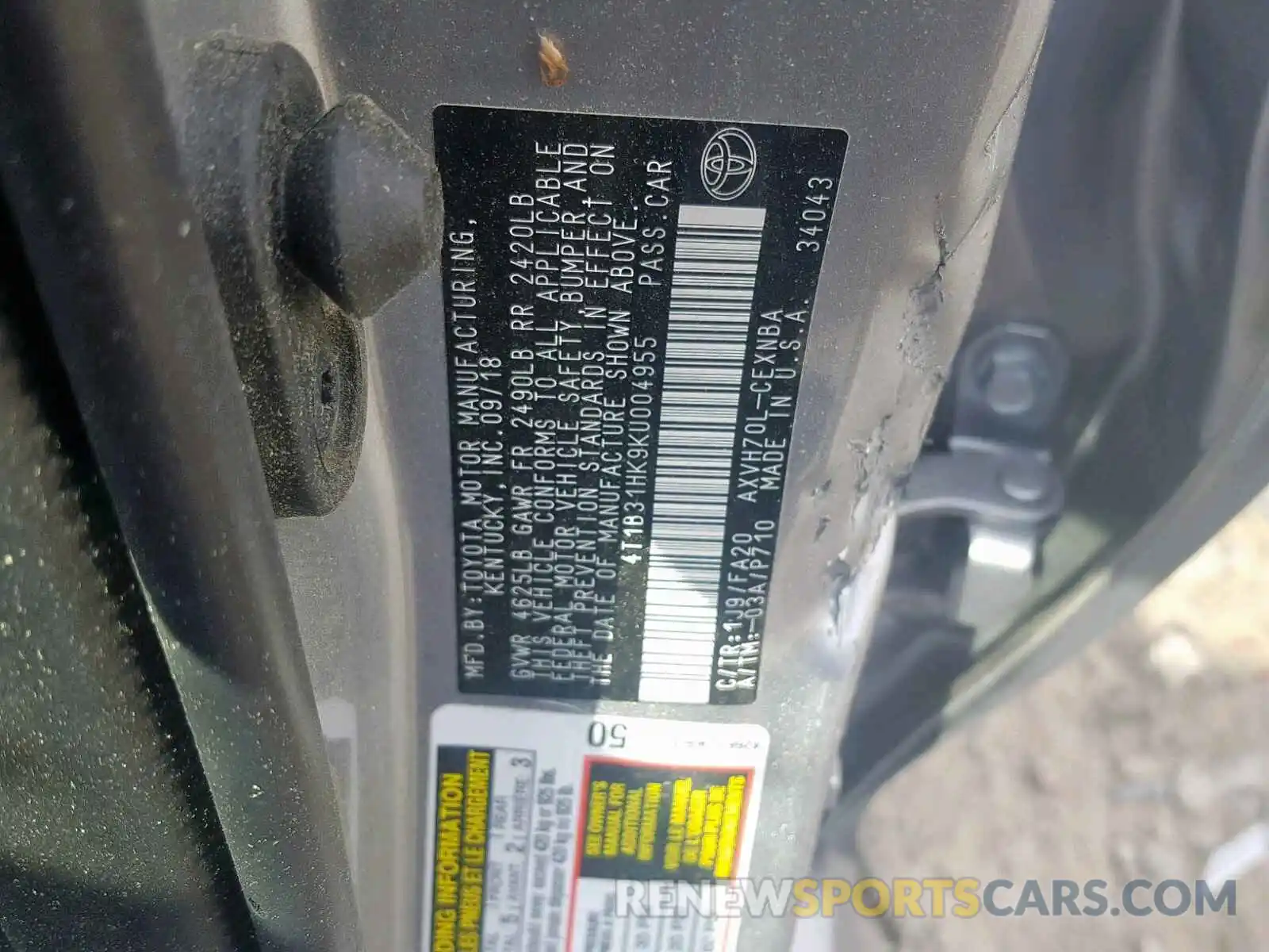 10 Photograph of a damaged car 4T1B31HK9KU004955 TOYOTA CAMRY 2019