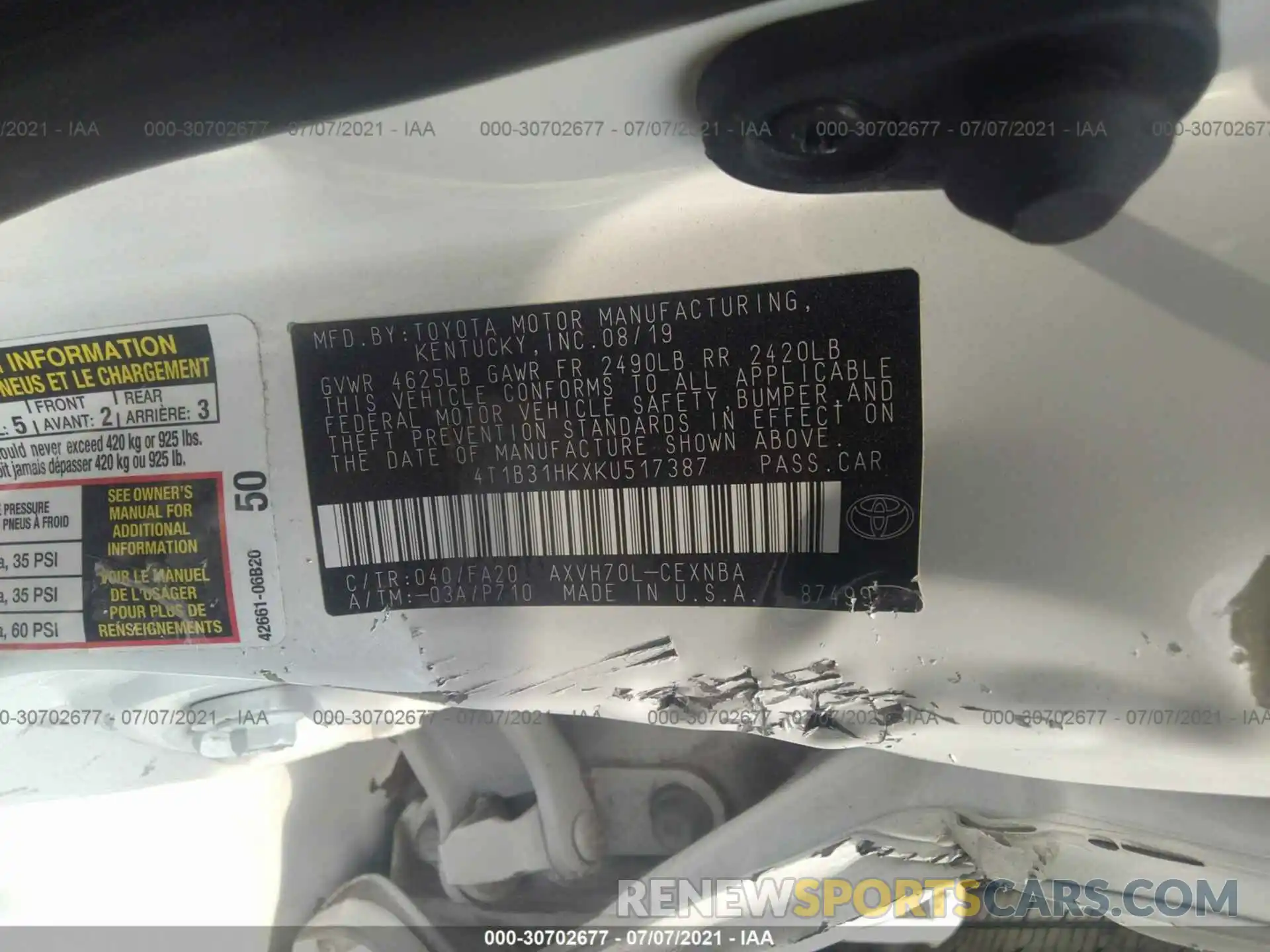 9 Photograph of a damaged car 4T1B31HKXKU517387 TOYOTA CAMRY 2019