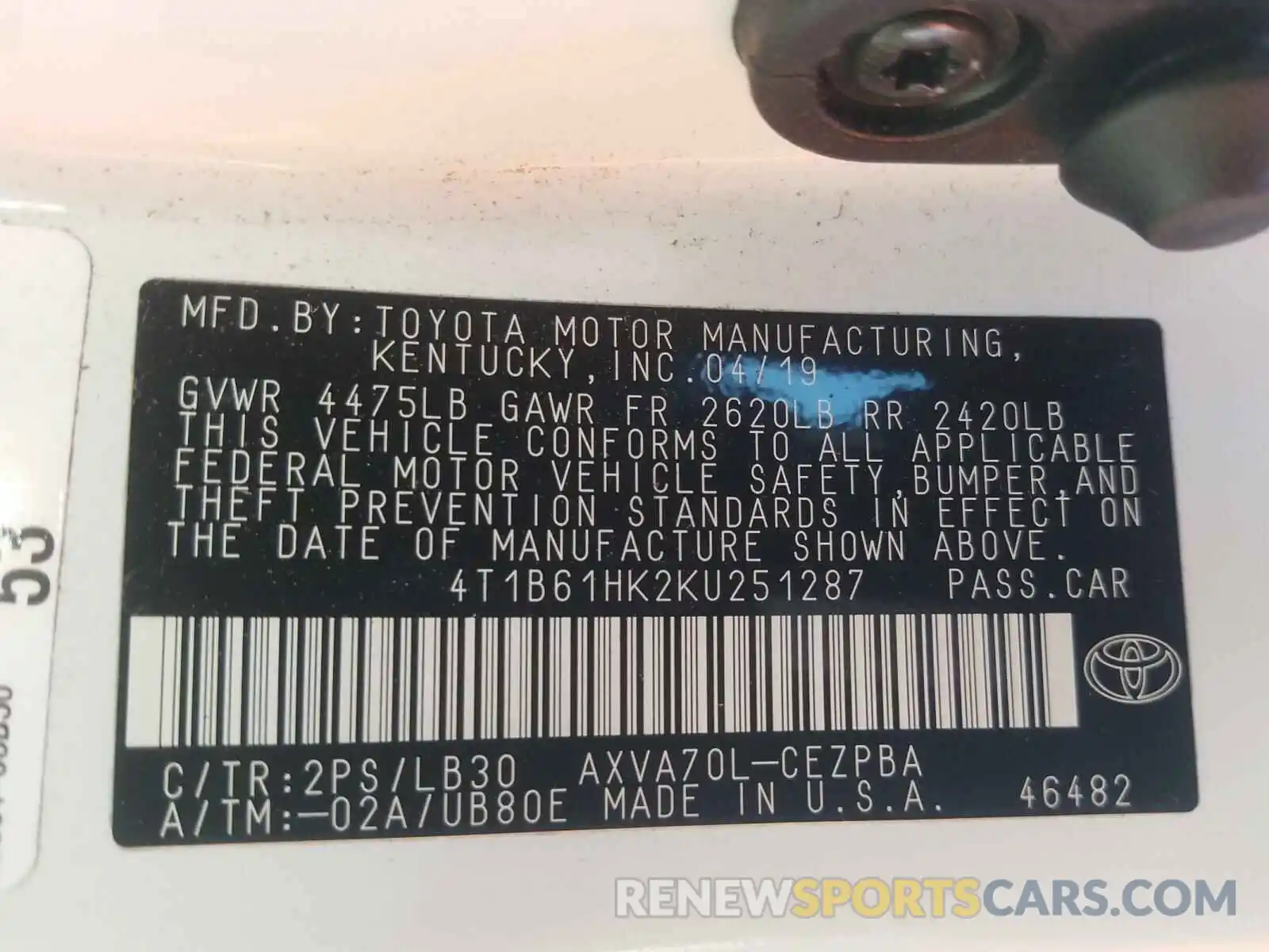 10 Photograph of a damaged car 4T1B61HK2KU251287 TOYOTA CAMRY 2019