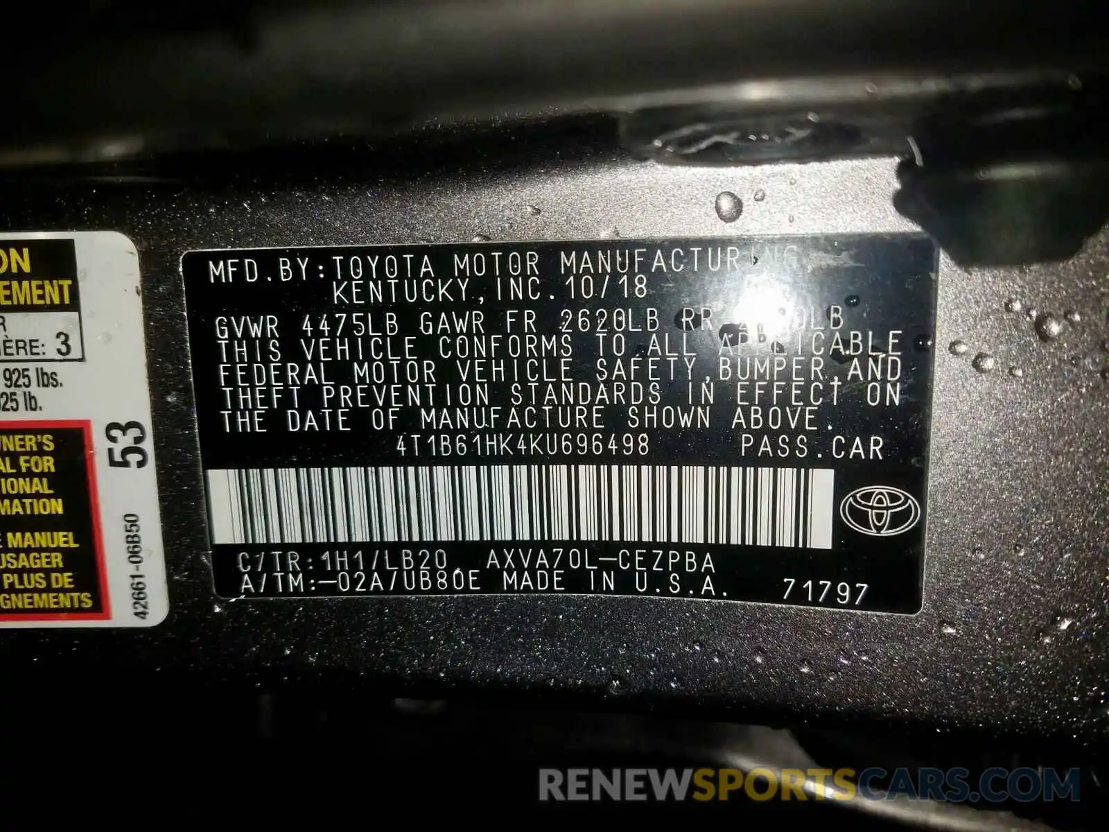 10 Photograph of a damaged car 4T1B61HK4KU696498 TOYOTA CAMRY 2019