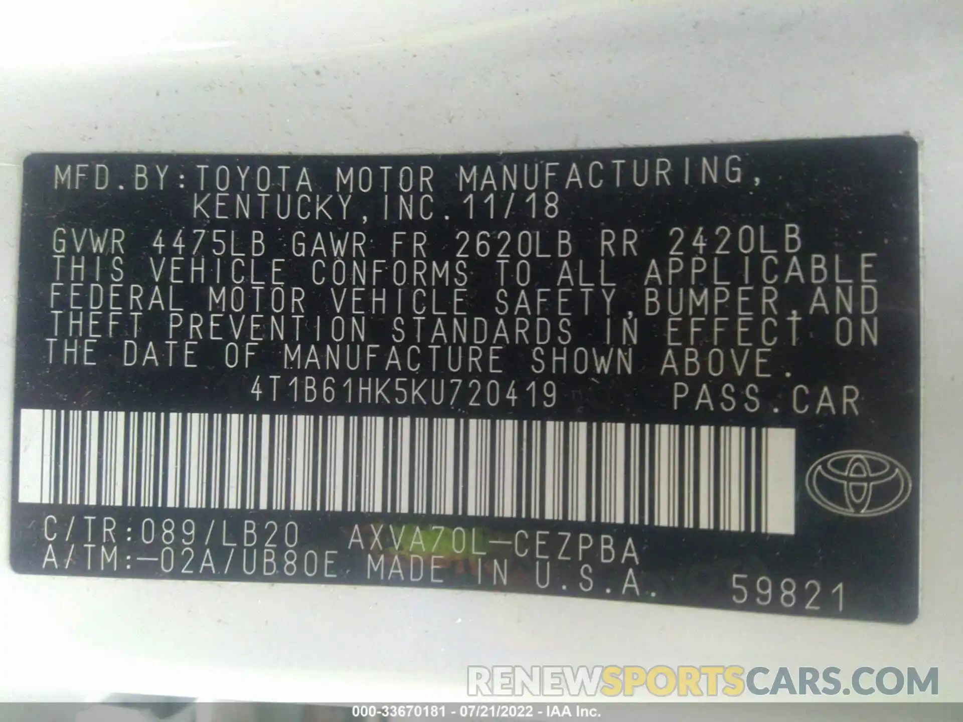 9 Photograph of a damaged car 4T1B61HK5KU720419 TOYOTA CAMRY 2019