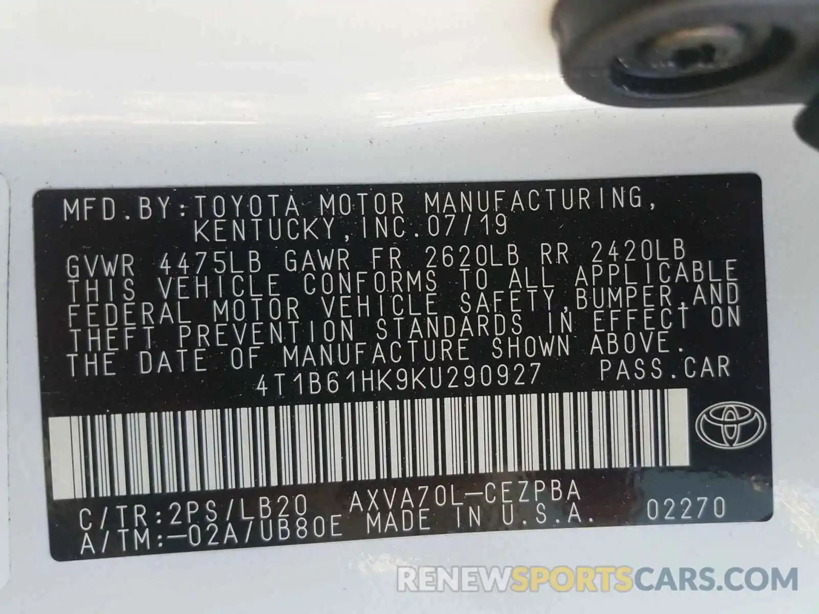 10 Photograph of a damaged car 4T1B61HK9KU290927 TOYOTA CAMRY 2019