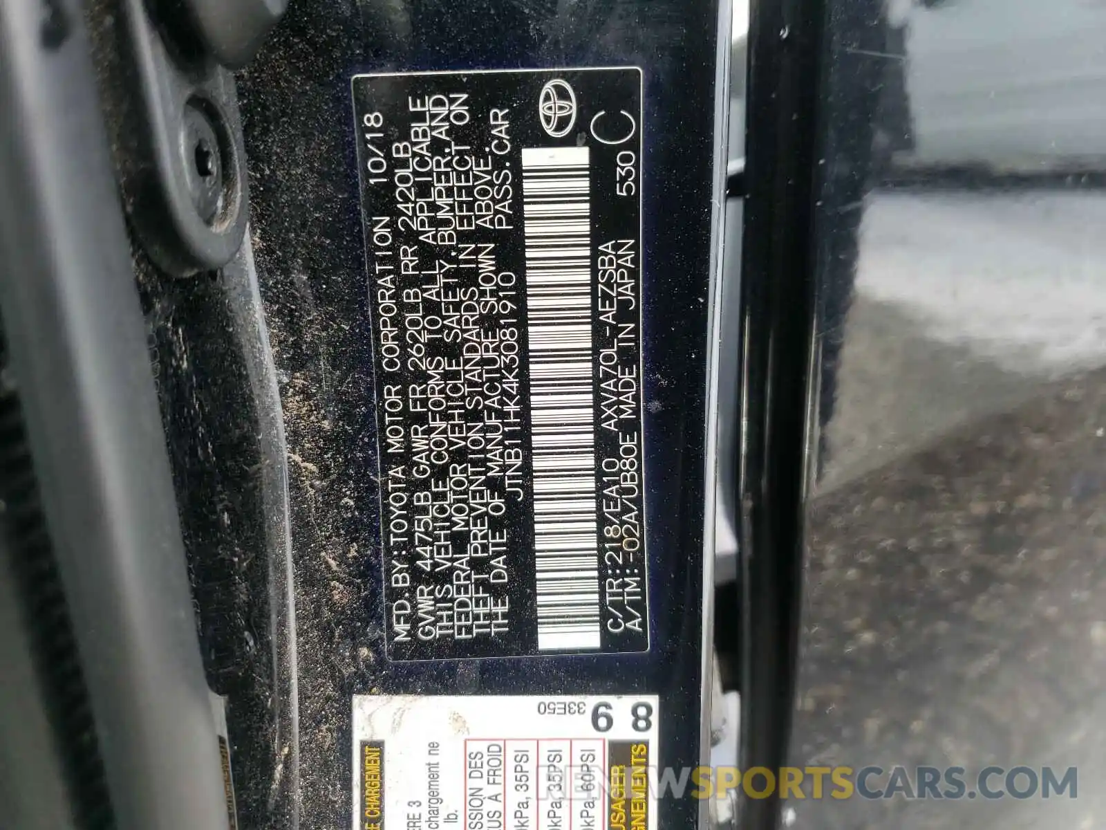 10 Photograph of a damaged car JTNB11HK4K3081910 TOYOTA CAMRY 2019