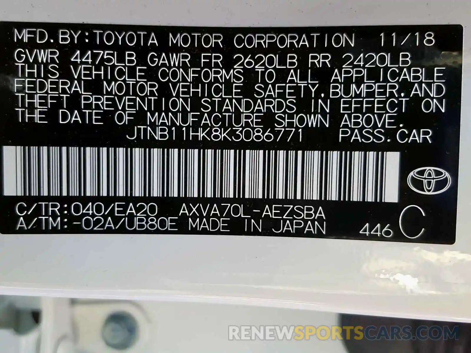 10 Photograph of a damaged car JTNB11HK8K3086771 TOYOTA CAMRY 2019