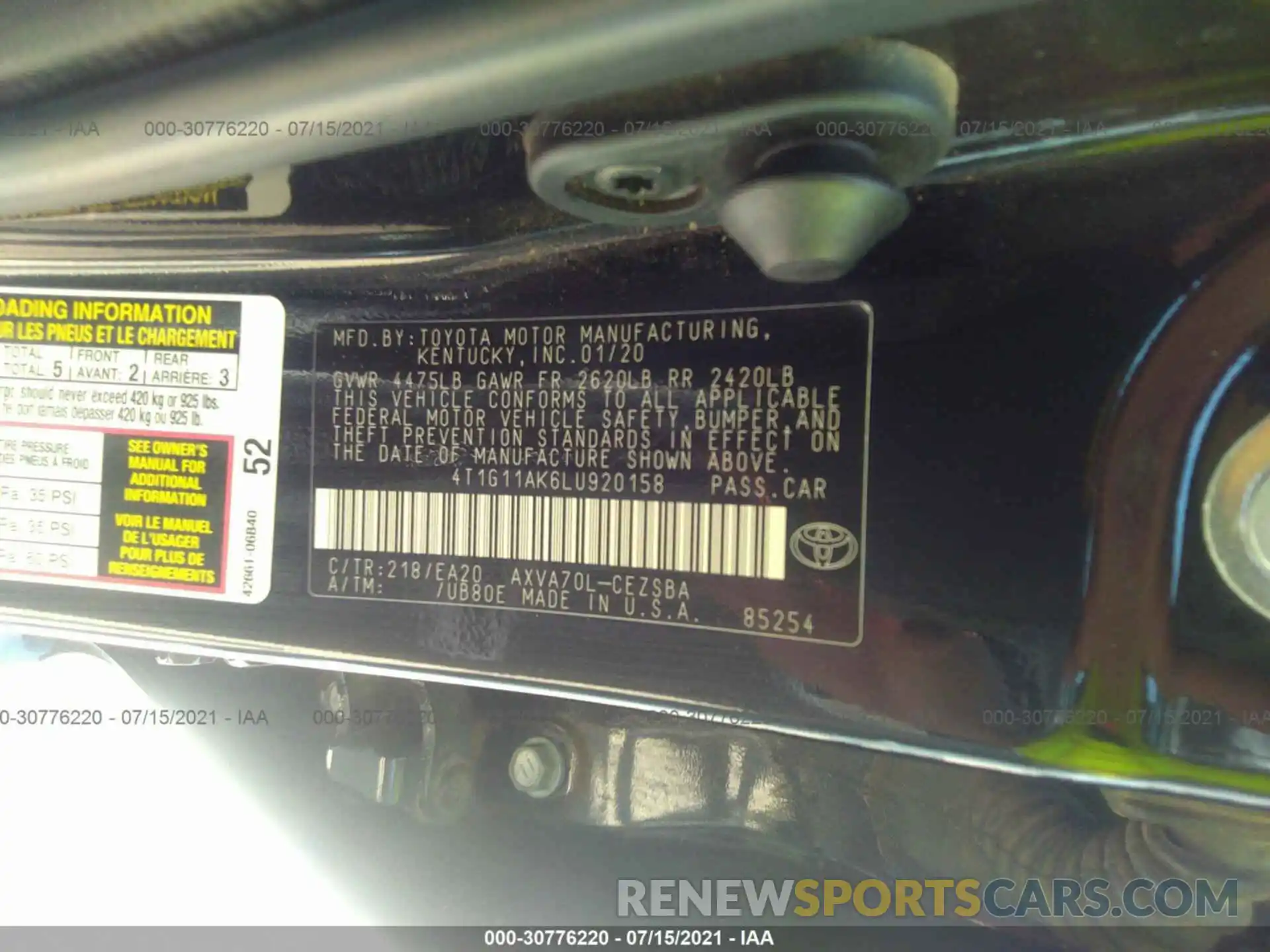 9 Photograph of a damaged car 4T1G11AK6LU920158 TOYOTA CAMRY 2020