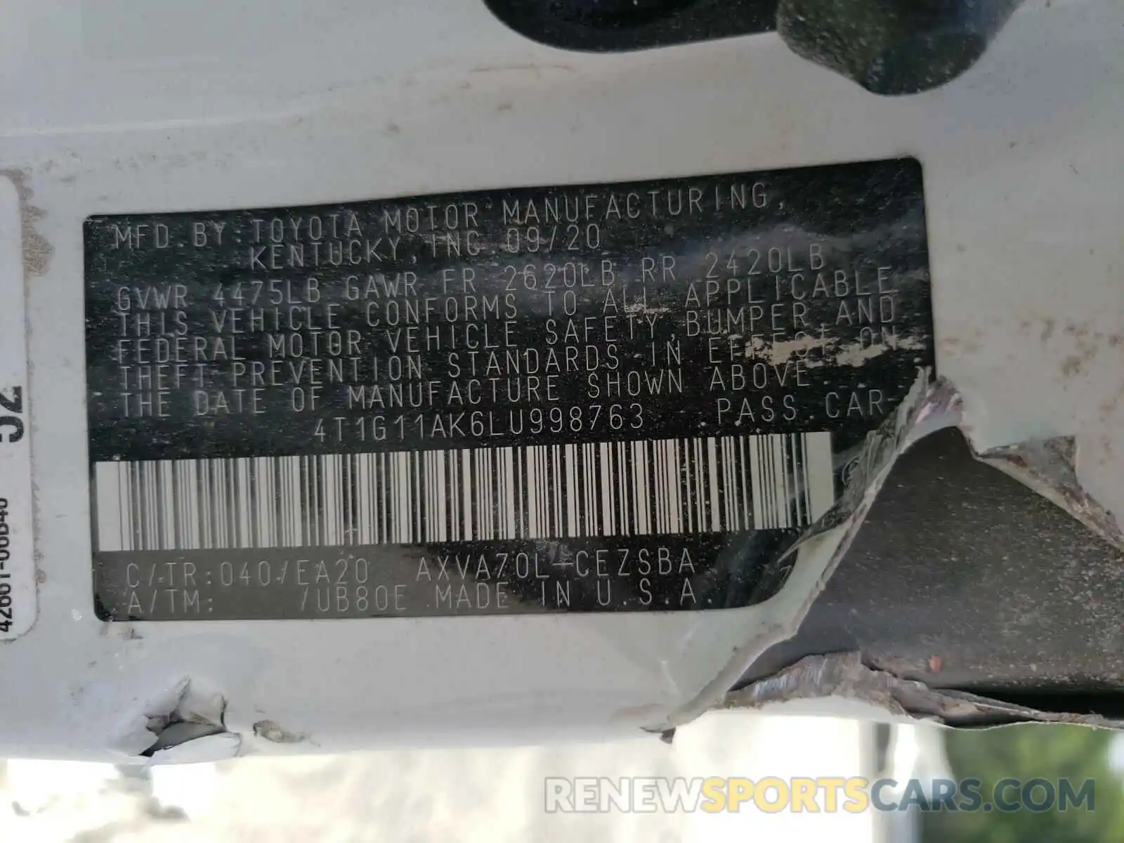 10 Photograph of a damaged car 4T1G11AK6LU998763 TOYOTA CAMRY 2020