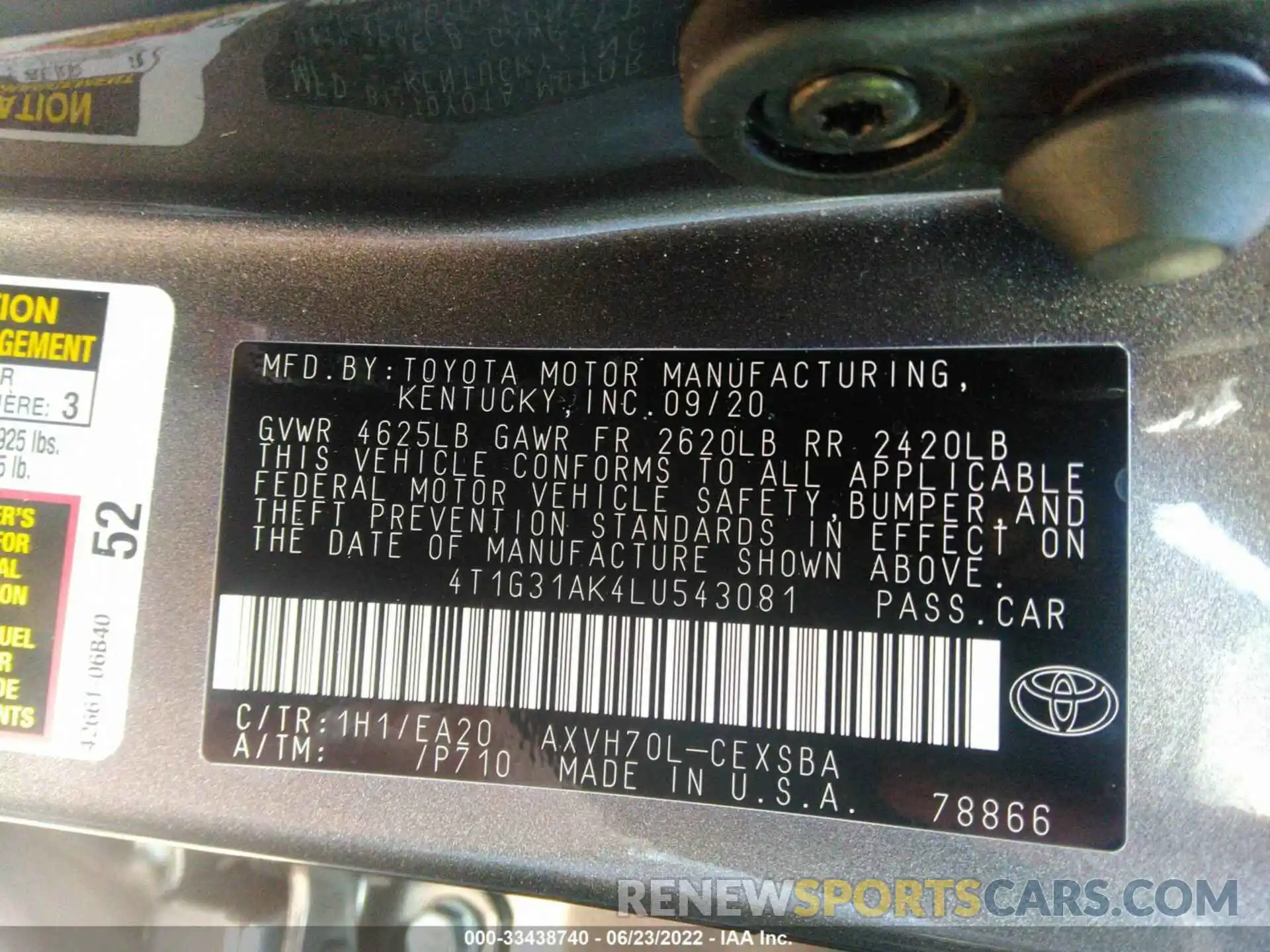 9 Фотография поврежденного автомобиля 4T1G31AK4LU543081 TOYOTA CAMRY 2020