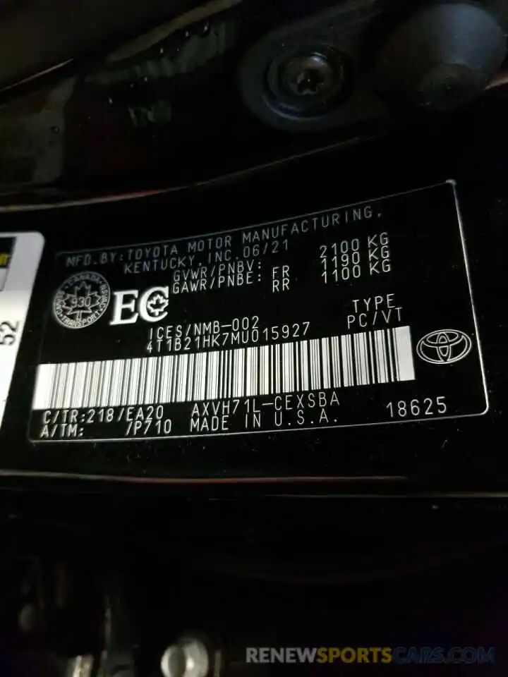 10 Фотография поврежденного автомобиля 4T1B21HK7MU015927 TOYOTA CAMRY 2021