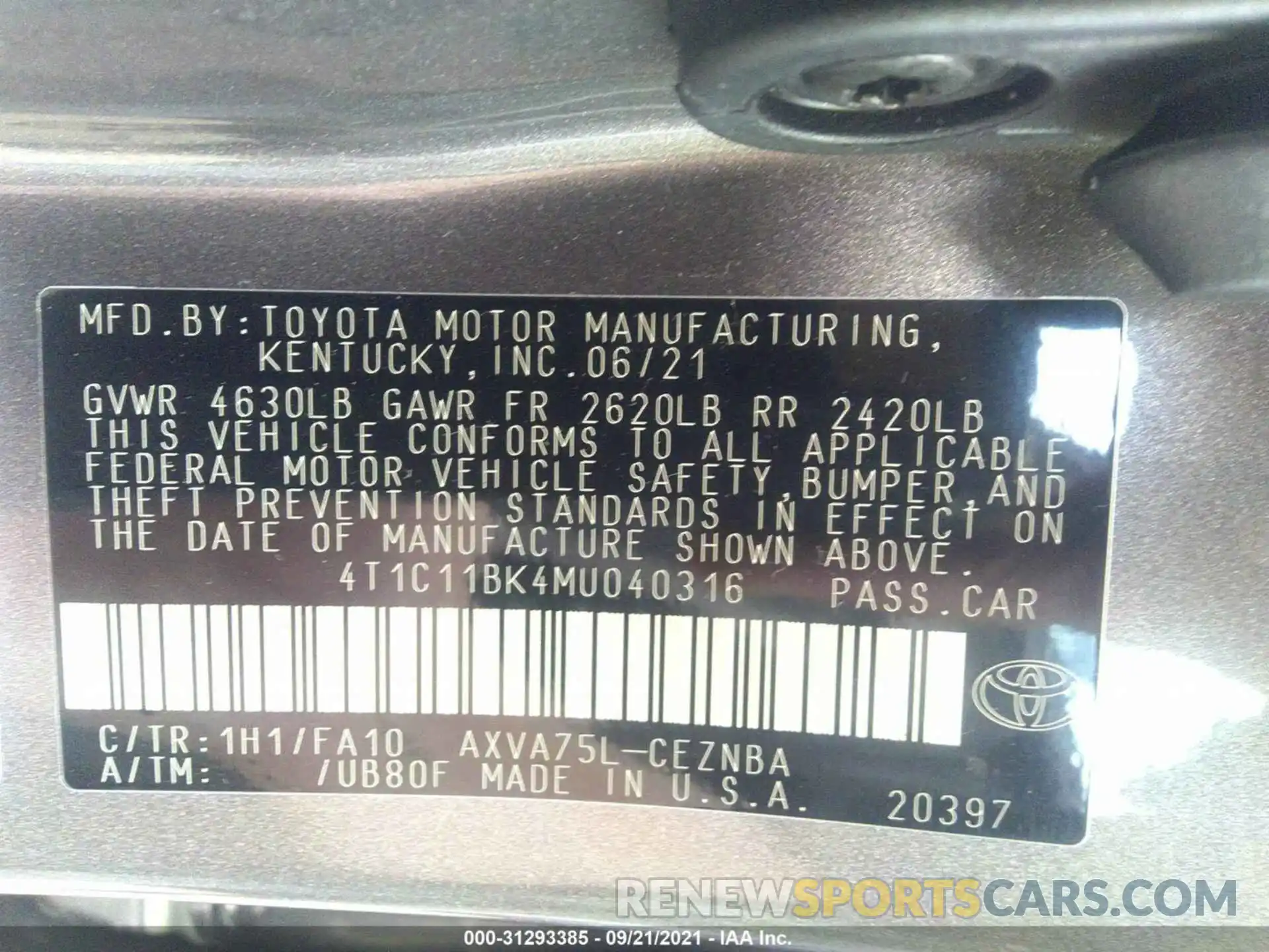 9 Фотография поврежденного автомобиля 4T1C11BK4MU040316 TOYOTA CAMRY 2021