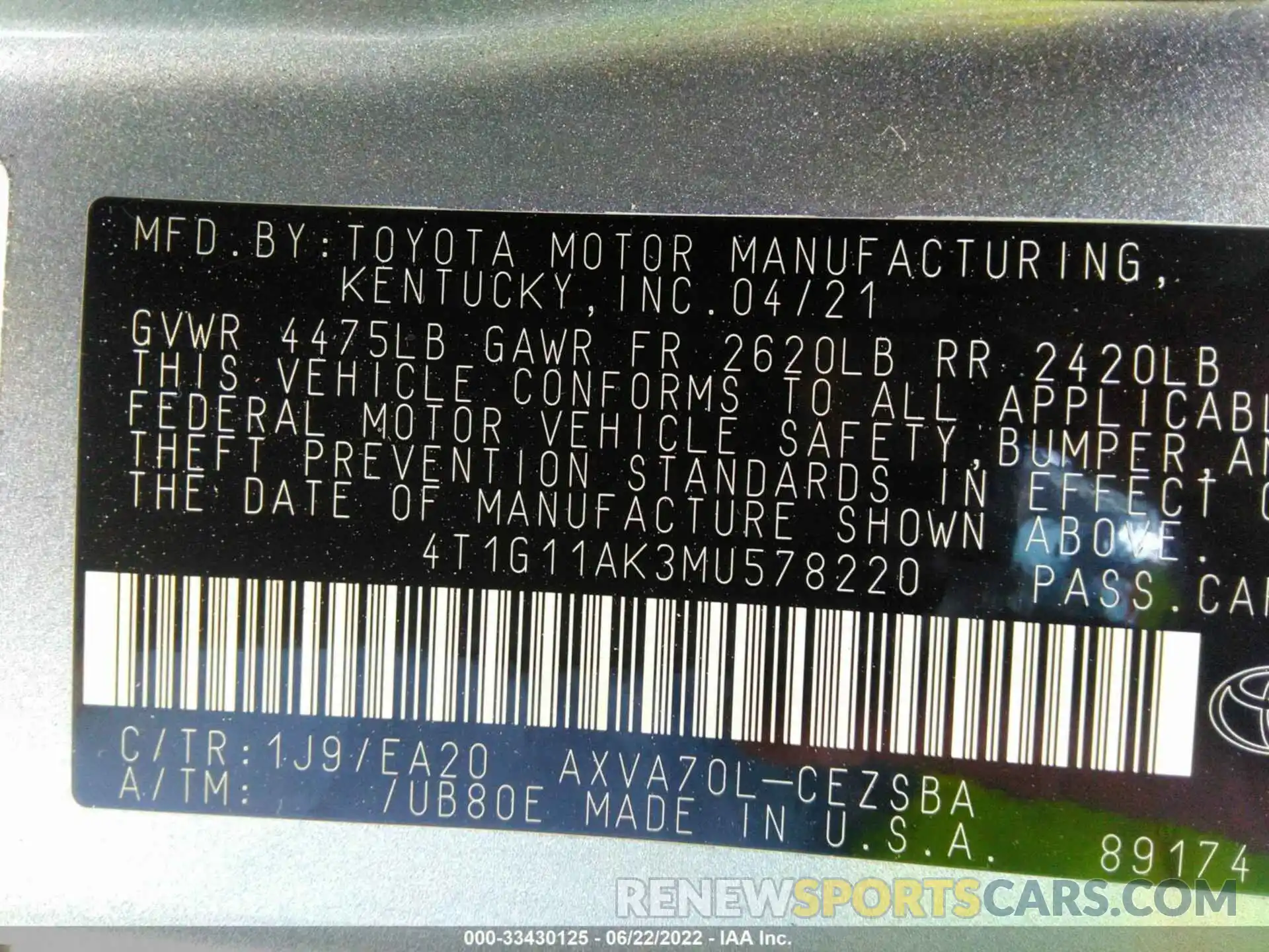 9 Photograph of a damaged car 4T1G11AK3MU578220 TOYOTA CAMRY 2021