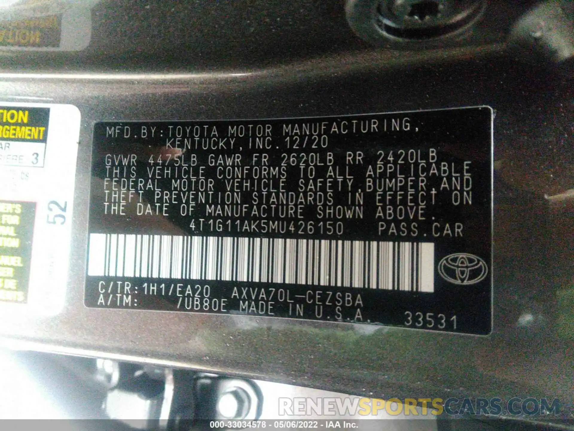 9 Фотография поврежденного автомобиля 4T1G11AK5MU426150 TOYOTA CAMRY 2021