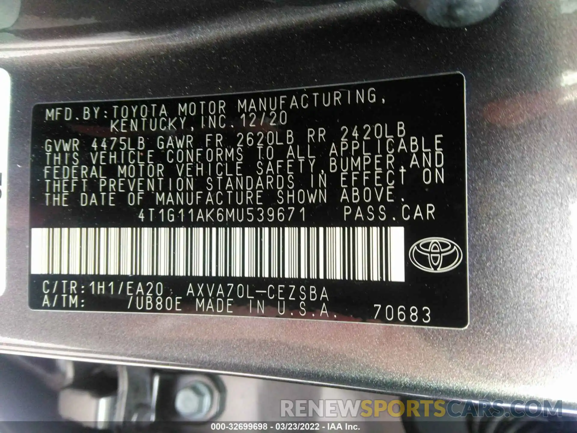 9 Фотография поврежденного автомобиля 4T1G11AK6MU539671 TOYOTA CAMRY 2021